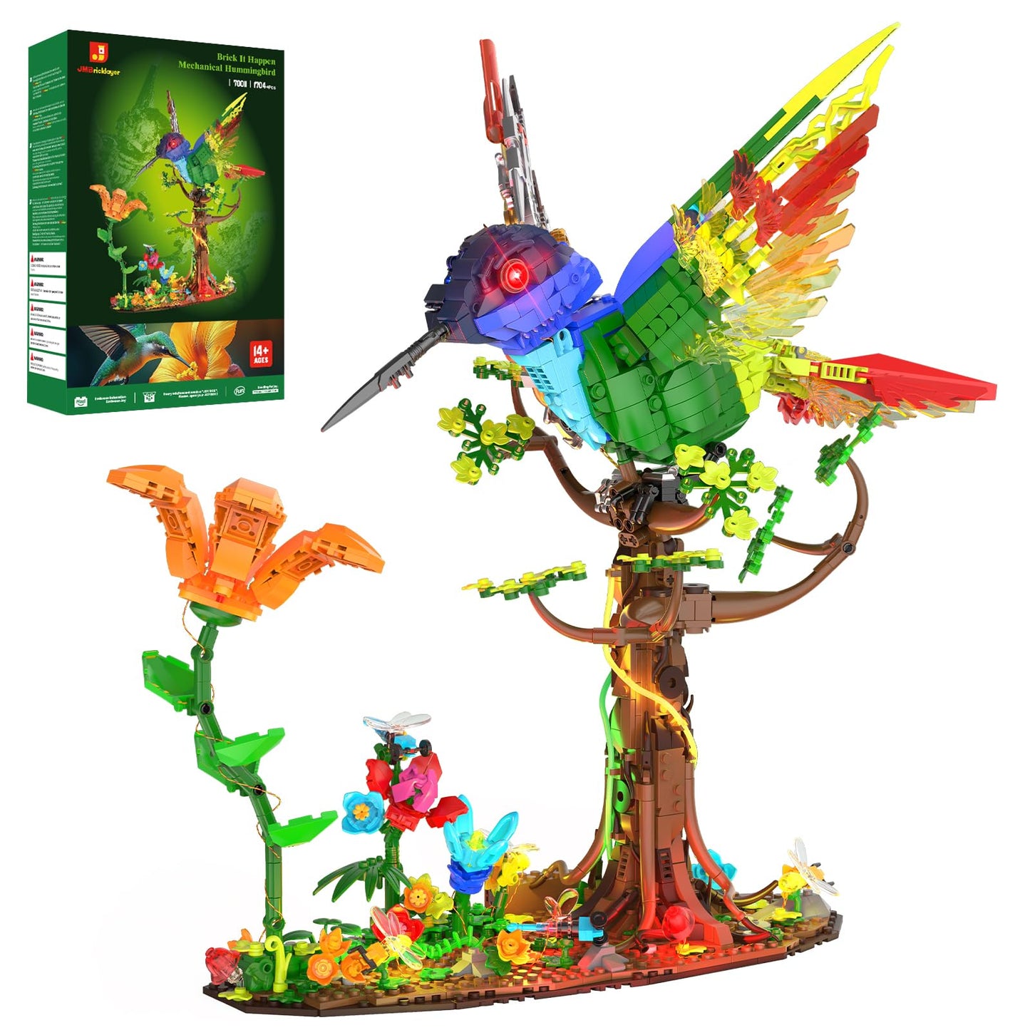 JMBricklayer Mechanical Hummingbird Building Set with LED Light, Bird Model Sets for Adults, Flower Animal Collection Toy, Art Creative Gifts, Home & Office Décor, Ideas for Women & Men Kids 14+
