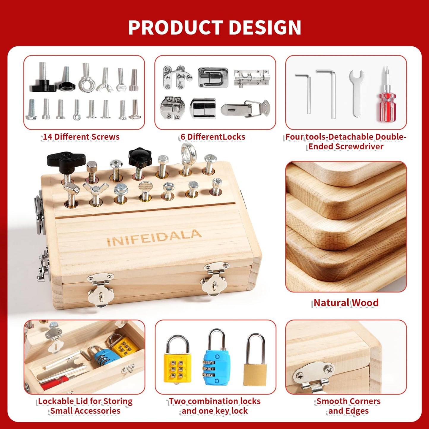 INIFEIDALA Montessori Busy Board Toddler Toys for Ages 3+ - Wooden Sensory Latches Board with Lock & Key & Kid Tool Screwdriver Set, Preschool Educational Toy - Fine Motor Skills - STEM Learning Toys