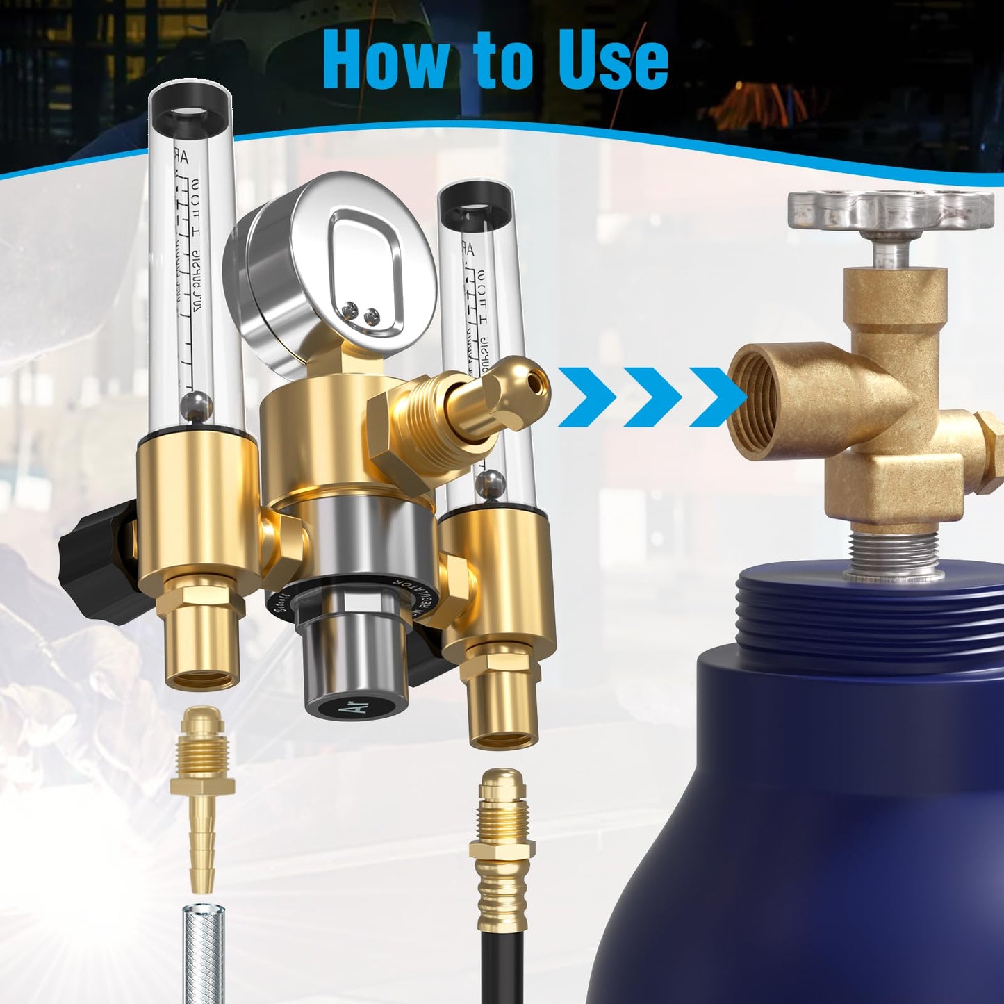 BETOOLL Dual Output Argon Regulator - MIG/TIG Flow Meter Gas Gauge with 2PCS 6.6 Feet Hoses, 0-60 SCFH, 0-4500 PSI, CGA580 Inlet Connection for Argon/CO2