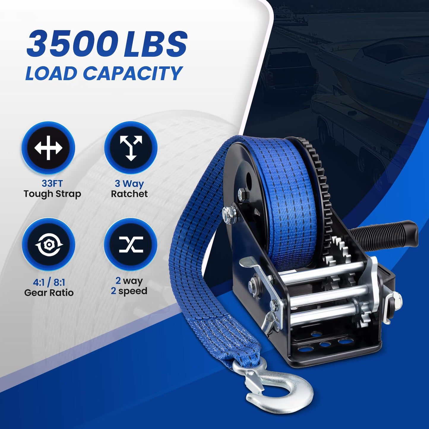 3500lbs Heavy Duty Boat Trailer Winch with 33 FT Strap, 2-Way Ratchet & 4:1/8:1 Gear Gear Ratio - Portable Hand Crank Winch for Boat, Trailer, Truck, RV, ATV, Jet Ski - Manual Winch Easy Operation