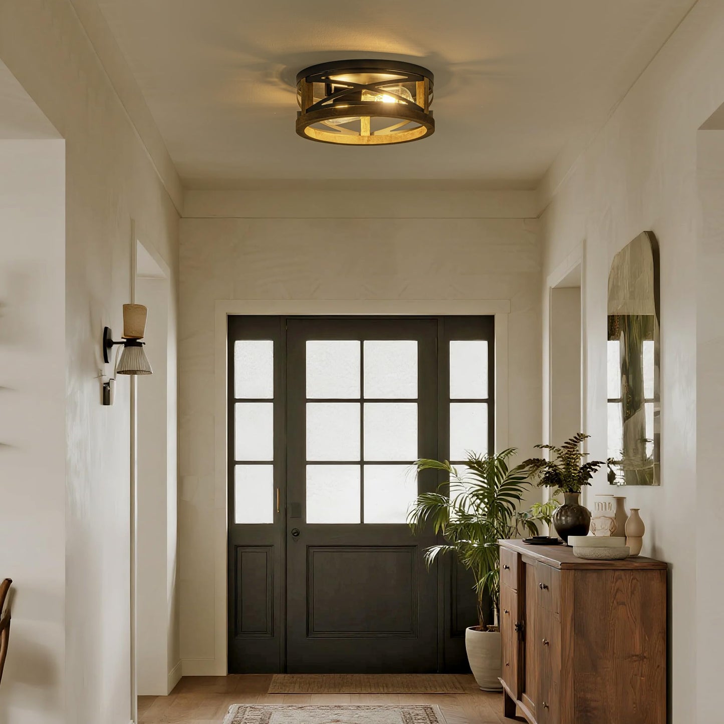 Lzglyptics Farmhouse Ceiling Light, 2-Light Round Flush Mount Ceiling Light with Wood and Metal Frame, Black Rustic Light Fixture for Hallway, Entryway, Bedroom, Kitchen