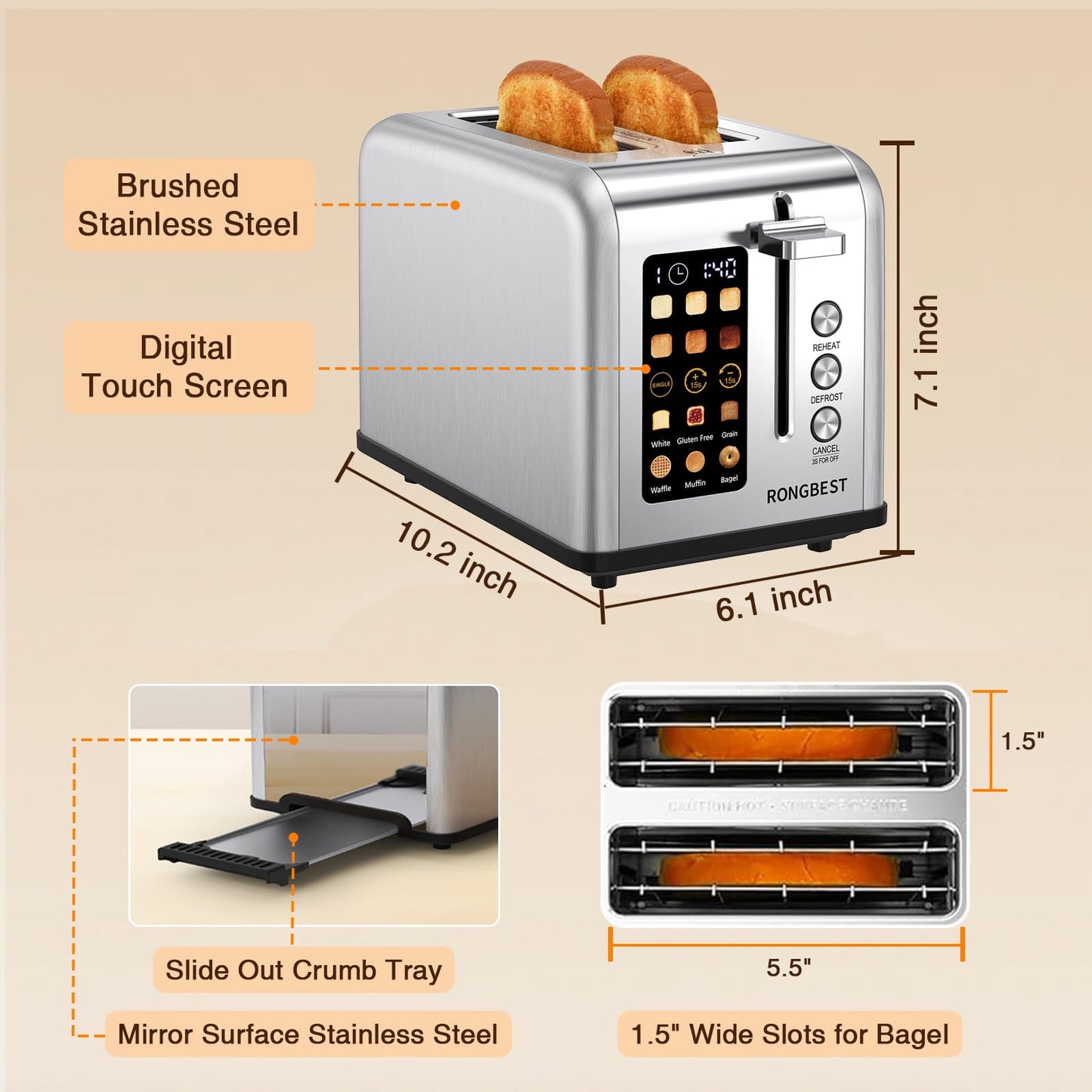 2 Slice Touch Screen Toaster with Wide Slots Stainless Steel Toasters for Family Breakfast, Even Toasting for Bagels & Bread, Reheat & Defrost, Easy Removable Crumb Tray, Silver
