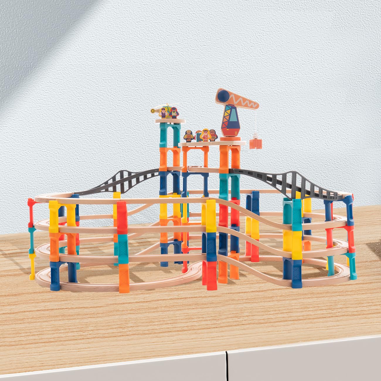 120Pcs Wooden Train Tracks Set, 398-inch Track Expansion, Toddler Railway Bridge Toy Train Set with Airplane and Magnetic Crane, Birthday Gifts for Boys and Girls, Compatible with All Major Brands