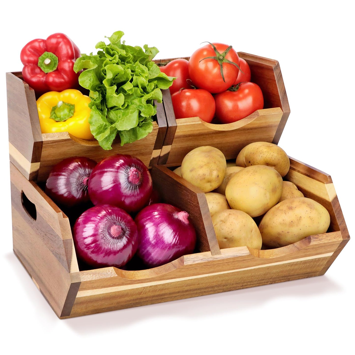 Happilif Acacia Wood Pantry Storage Bins, Stackable Potato and Onion Storage Bins for Kitchen Countertop, Set of 3 Wooden Pantry Organizer Baskets for Fruit, Vegetable, Snack
