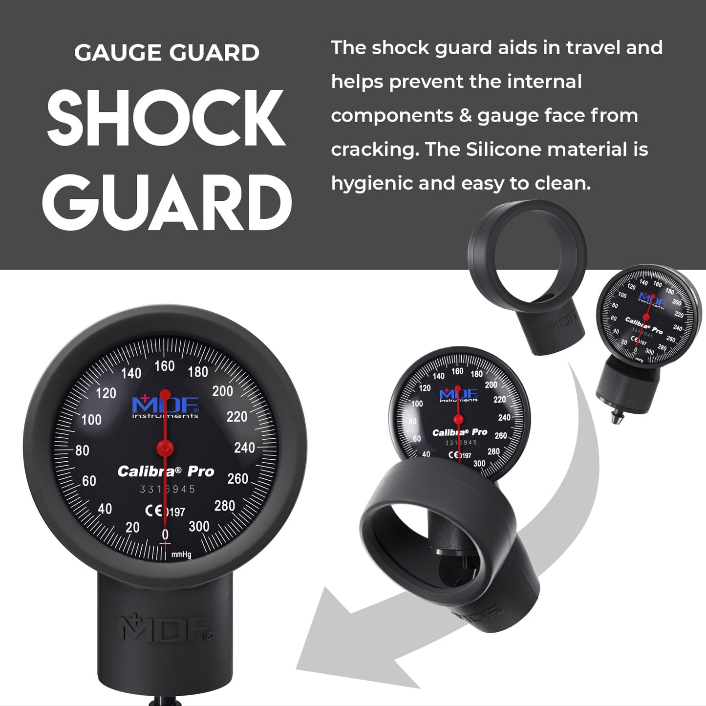 MDF Instruments, Extra Large Gauge Calibra Pro Aneroid Sphygmomanometer with Shock Guard & Adult Sized Cuff Included, Lifetime Calibration, Black Dial, Black Cuff, MDF808B11