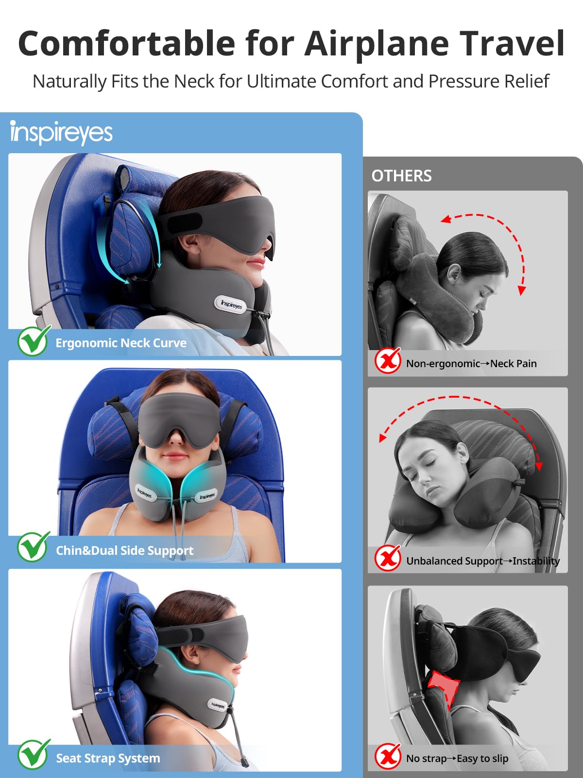 Inspireyes Neck Pillow, Travel Pillow with Seat Strap, 3D Sleep Mask, Dual Support Neck Head, High Supportive Foam Airplane Pillow for Long Flight, Stop Bobblehead Travel Essential, Light Grey