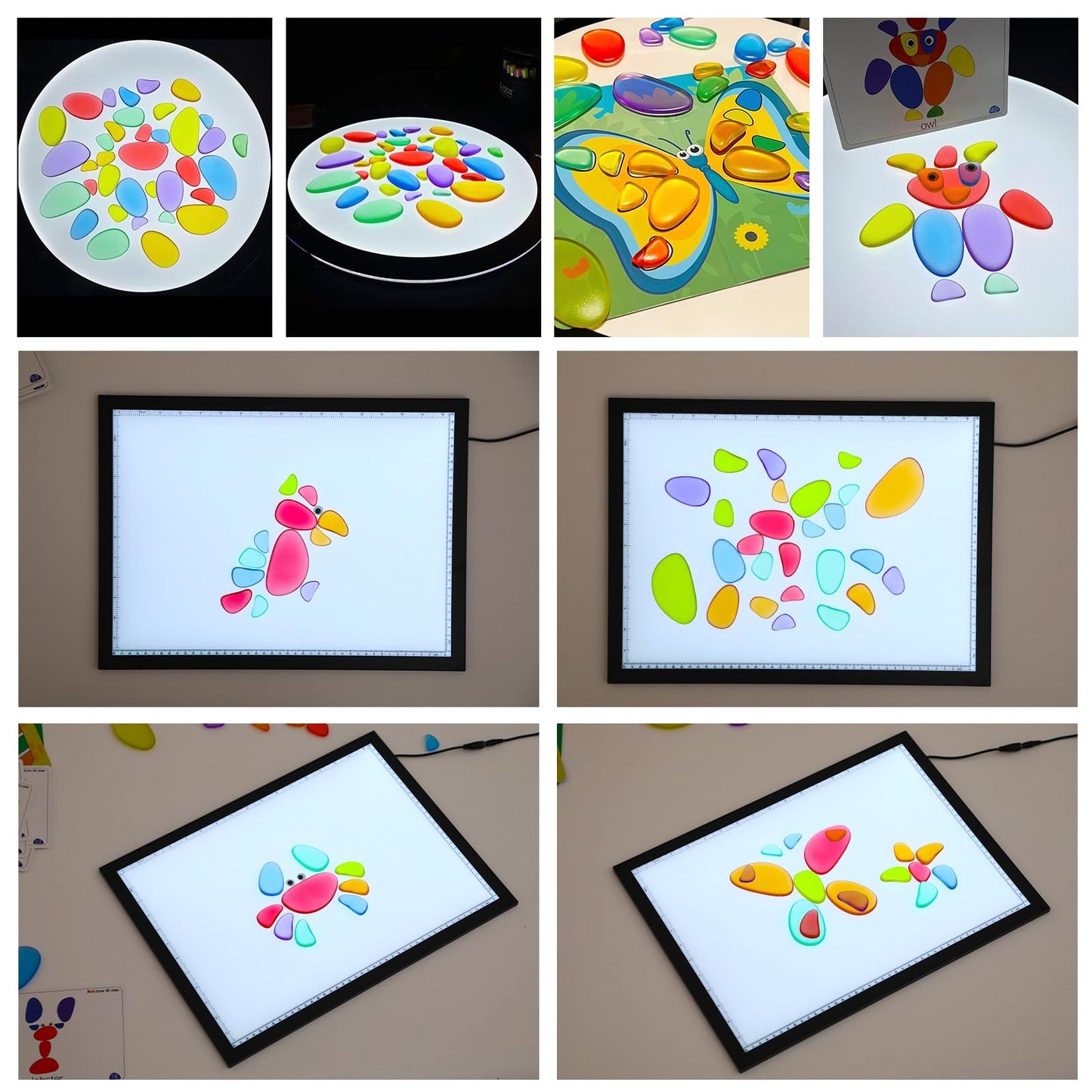 Odoorgames 36 Pcs Translucent Rainbow Pebbles,Rainbow Stones,Light Table Manipulatives Preschool,Light Table Accessories, Includes 24 Activity Cards