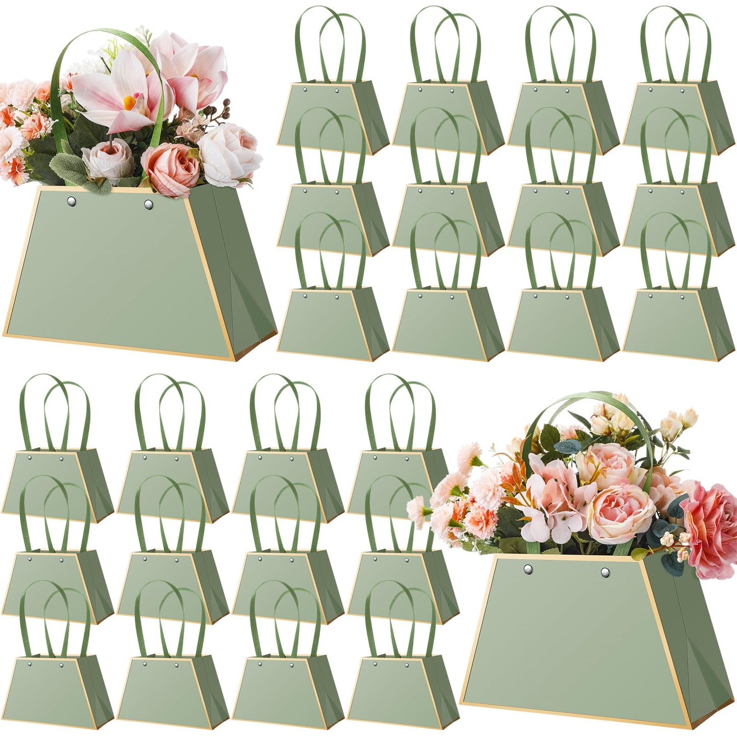 Noveread 24 Pcs Floral Bouquet Bags Bulk Wedding Party Centerpiece Box Decoration Portable Flower Wrapping Paper Gift Box for Arrangement with Handle Florist Supplies for Women Anniversary(Sage Green)