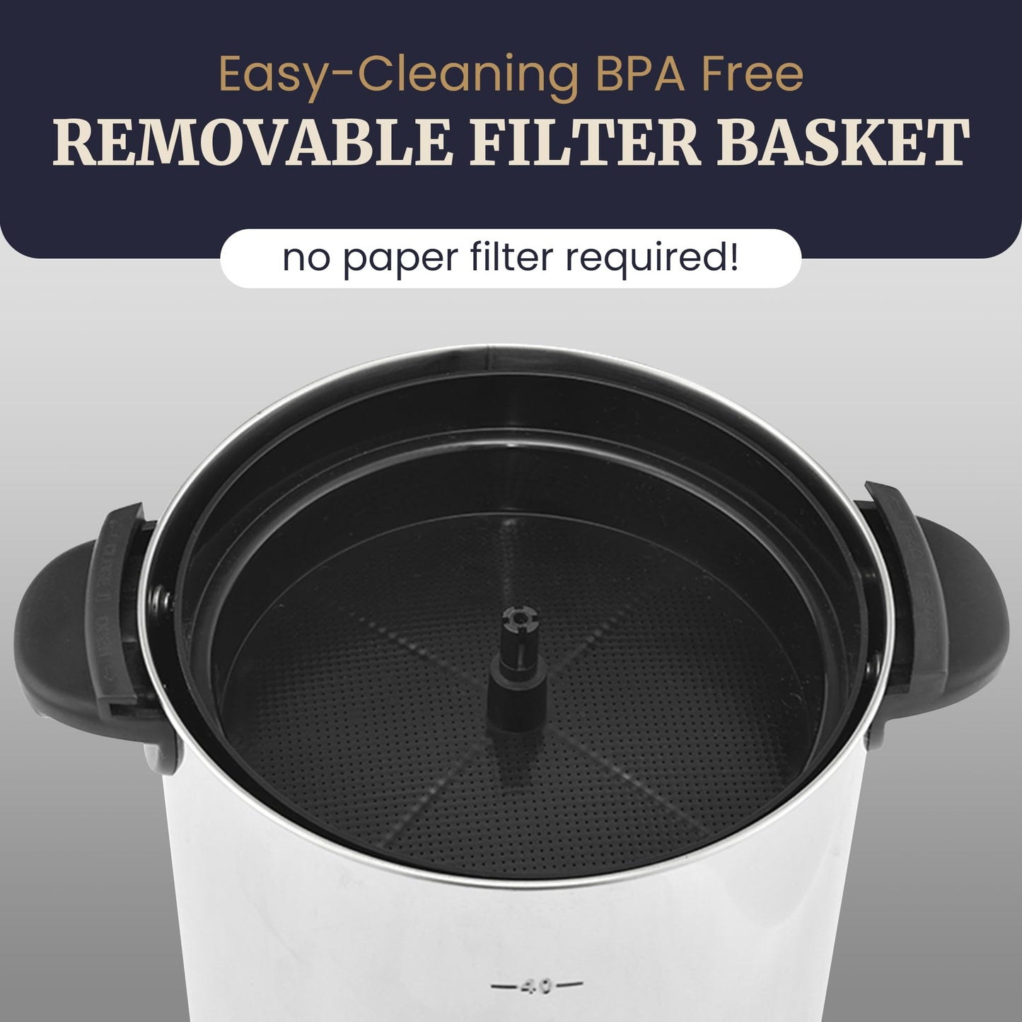 Elite Gourmet CCM040X 40 Cup Electric Hot Water Coffee Brewer Urn, Removable Filter For Easy Cleanup, Two Way Dispenser with Cool-Touch Handles, Stainless Steel