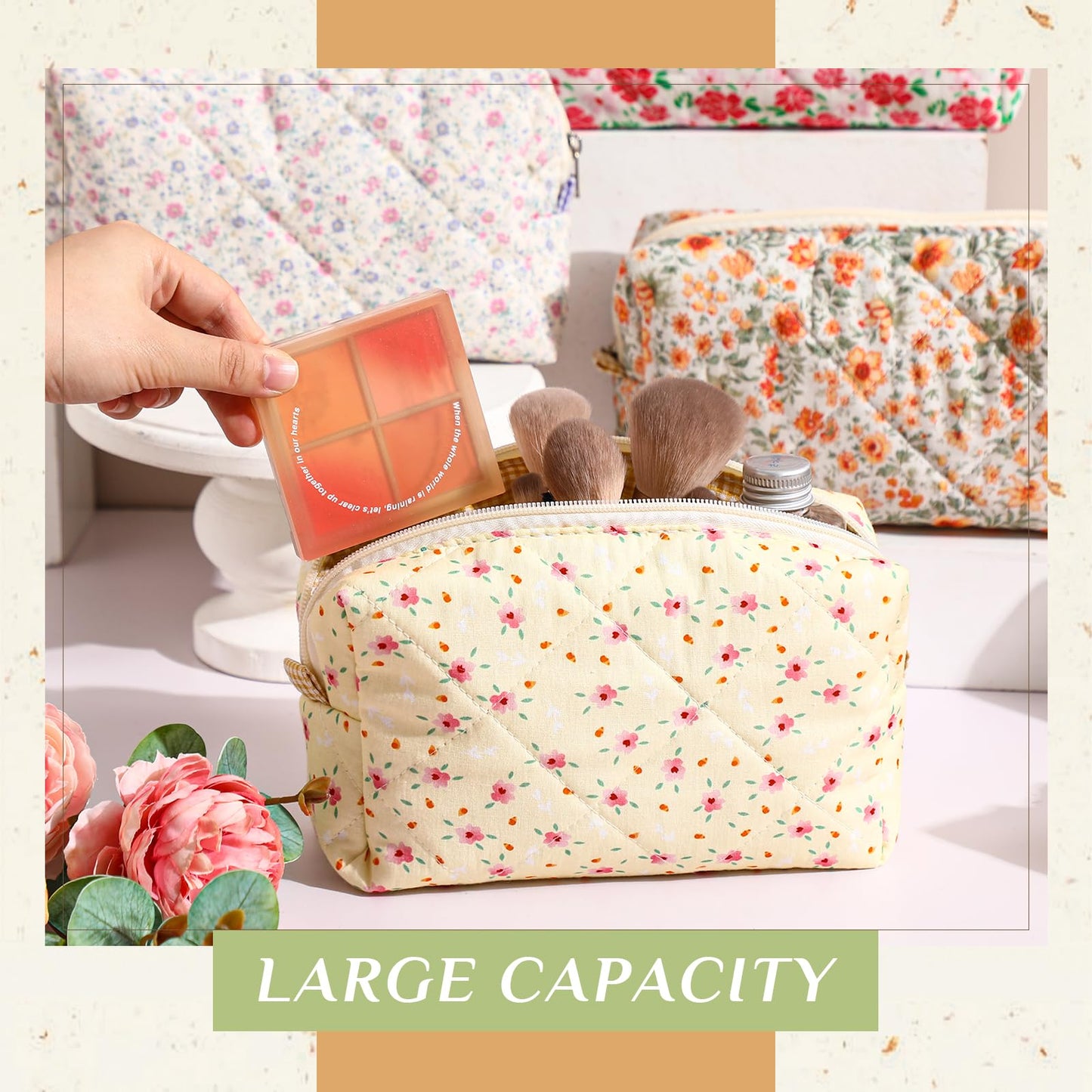 Paterr 10 Pcs Cotton Quilted Makeup Bag Floral Cosmetic Bag Coquette Aesthetic Makeup Pouch with Zipper Travel Portable Beauty Case Preppy Gifts for Women(Classic Style)