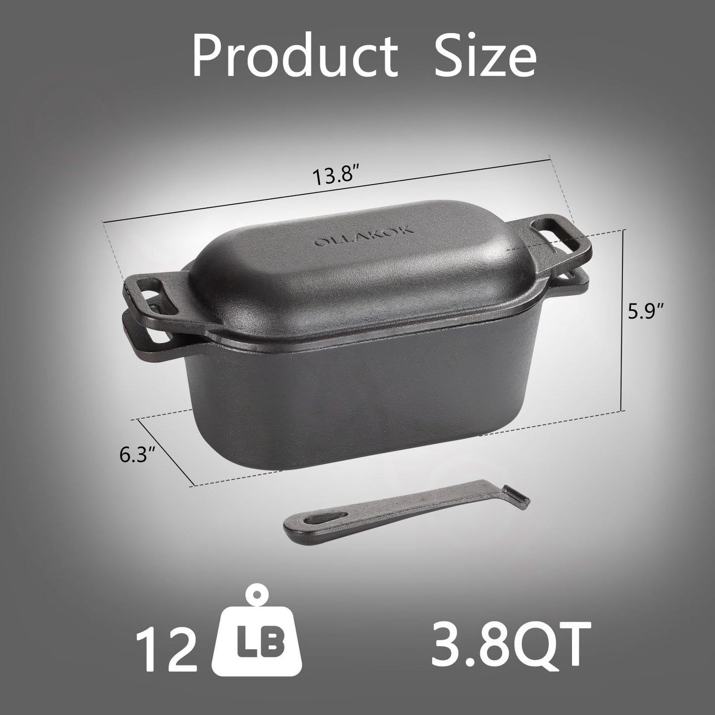OLLAKOK 2-in-1 Pre-Seasoned Cast Iron Dutch Oven Pot with Lid as Skillet, Grill Pan, with Lid Lever, Dual Loop Handles, Oval Heavy Dutch Oven for Bread Baking, Frying, Camping, BBQ, 3.8 QT Black