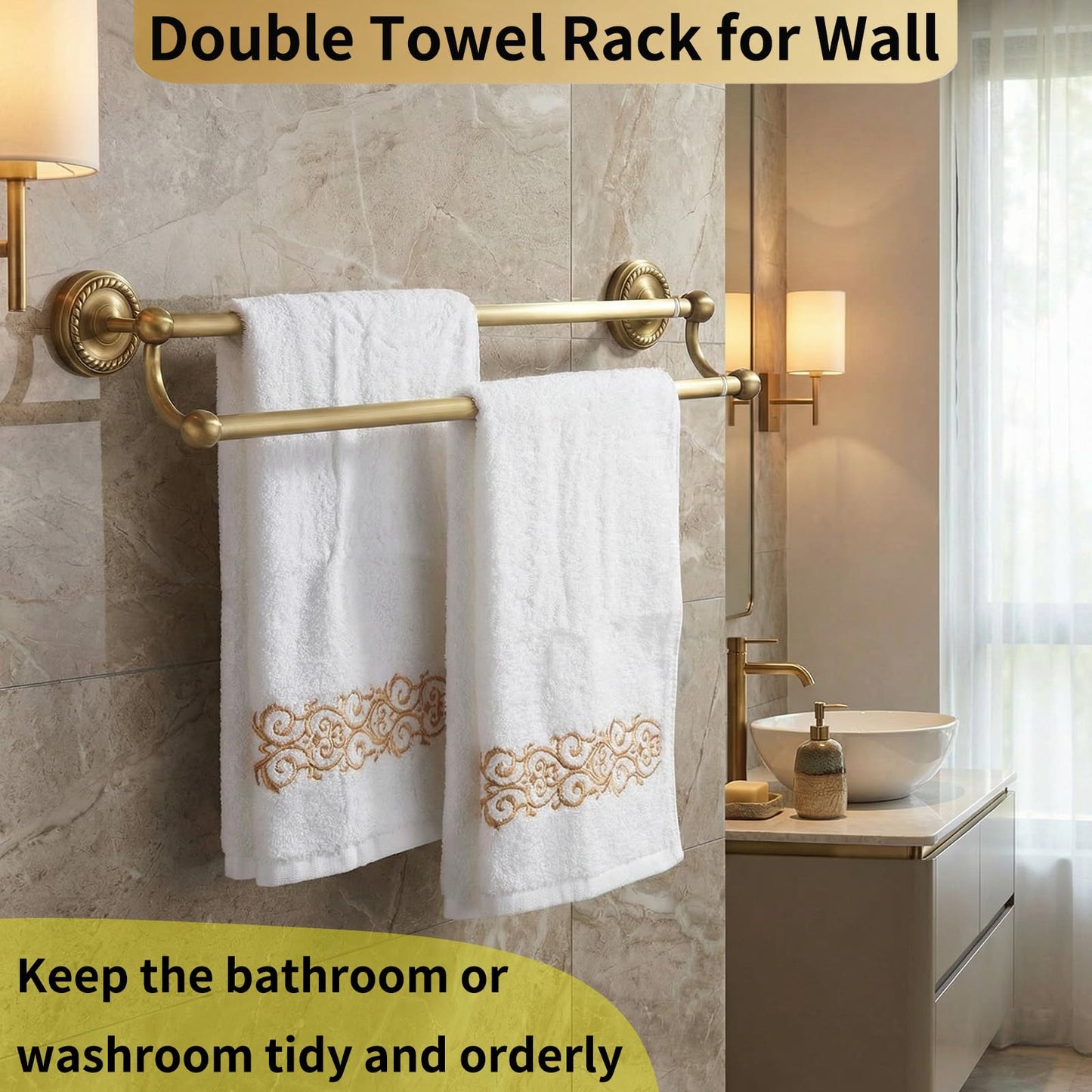 Double Towel Bar, Antique Brass Bathroom Towel Racks Wall Mounted, Adjustable Vintage Gold Towel Bar Fits 16.4 to 27.8 Inch Wall Space, Heavy Duty Rustproof Brass Towel Rod Holder for Kitchen Laundry