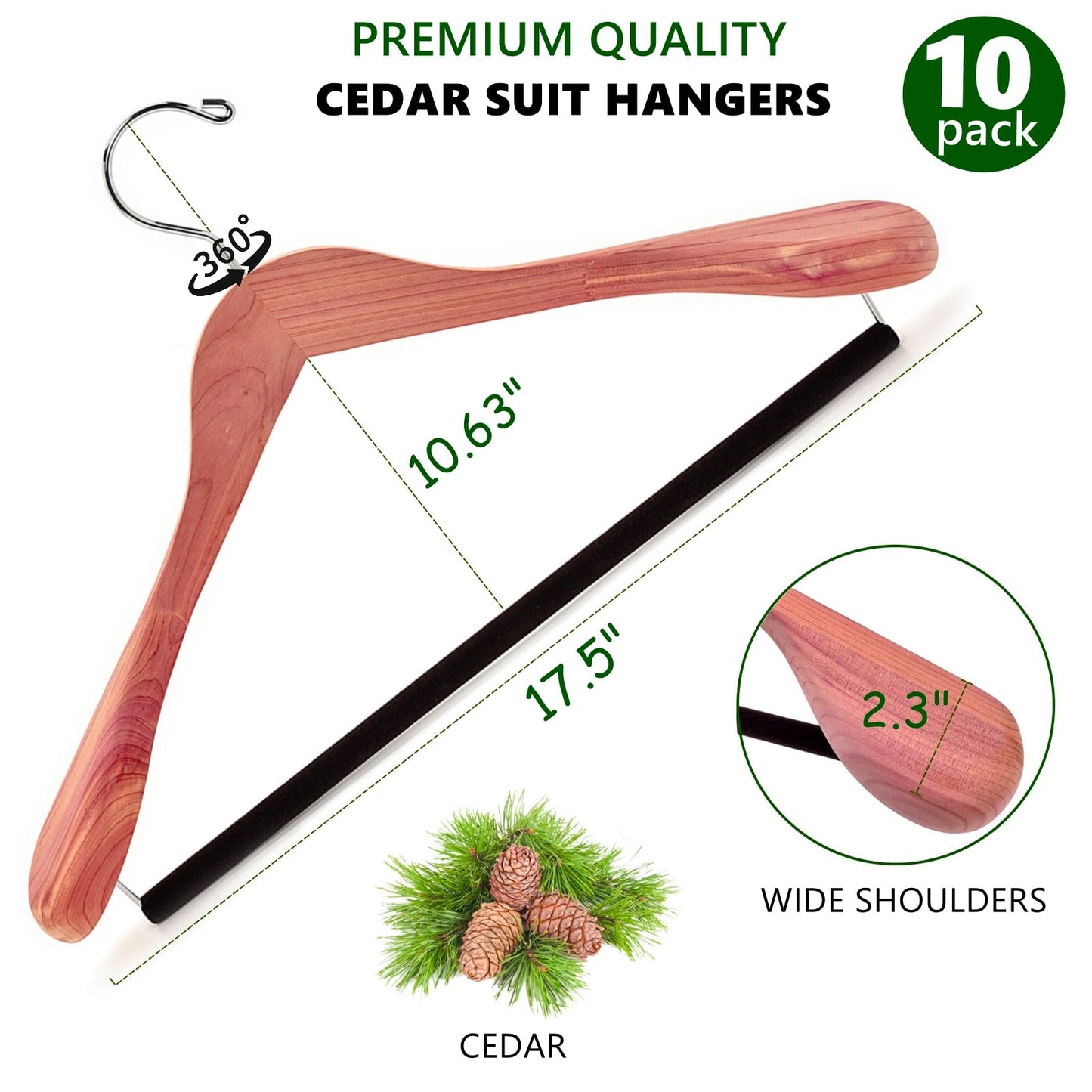Amber Home 10 Pack American Red Cedar Wood Coat, Suit Hangers with Extra Wide Shoulder, Wooden Jacket Clothes Hanger Smooth Deluxe Aromatic Natural Cedar with Non Slip Velvet Pant Bar