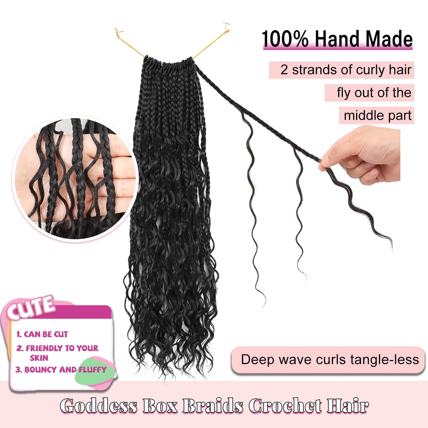 14 Inch Boho Box Braids Crochet Hair Bohomian Crochet Box Braids Curly Ends 7 Packs Pre Looped Goddess Box Braids Crochet Hair for Women, 1B