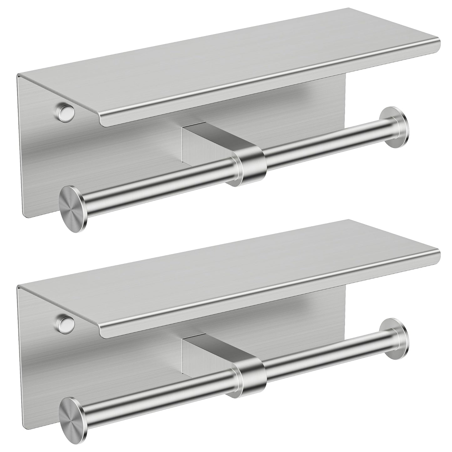 FORIOUS 2 Pack Double Toilet Paper Holder with Shelf, Wall Mount Tissue Roll Holder for Bathroom, 304 Stainless Steel Commercial Toilet Tissue Dispensers with Phone Shelf, Stainless Steel