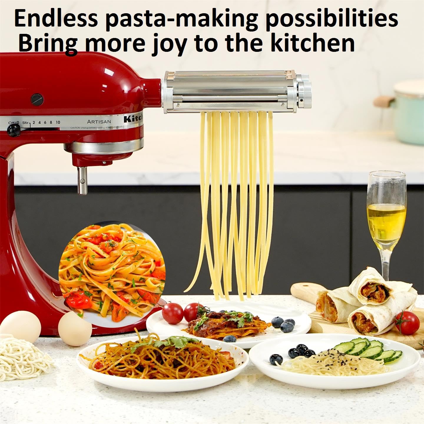 FavorKit Pasta Noodle Maker Attachment Set for KitchenAid Mixers Plus Hub Knob Screw Accessory Included Dough Sheet Roller, Spaghetti & Fettuccine Cutters-Unique Design