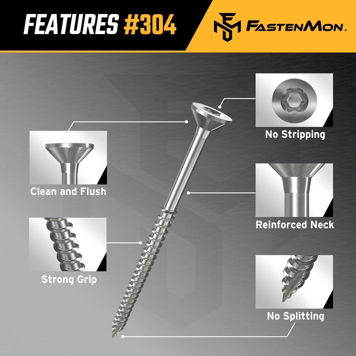 FM FastenMon #10x3 Stainless Steel Deck Screws, 304 Grade, 300 PCS, T25 Star Drive Bit, Ideal for Outdoor Wood Projects, Fences, Benches, Picnic Tables, and Decks, Bulk Box