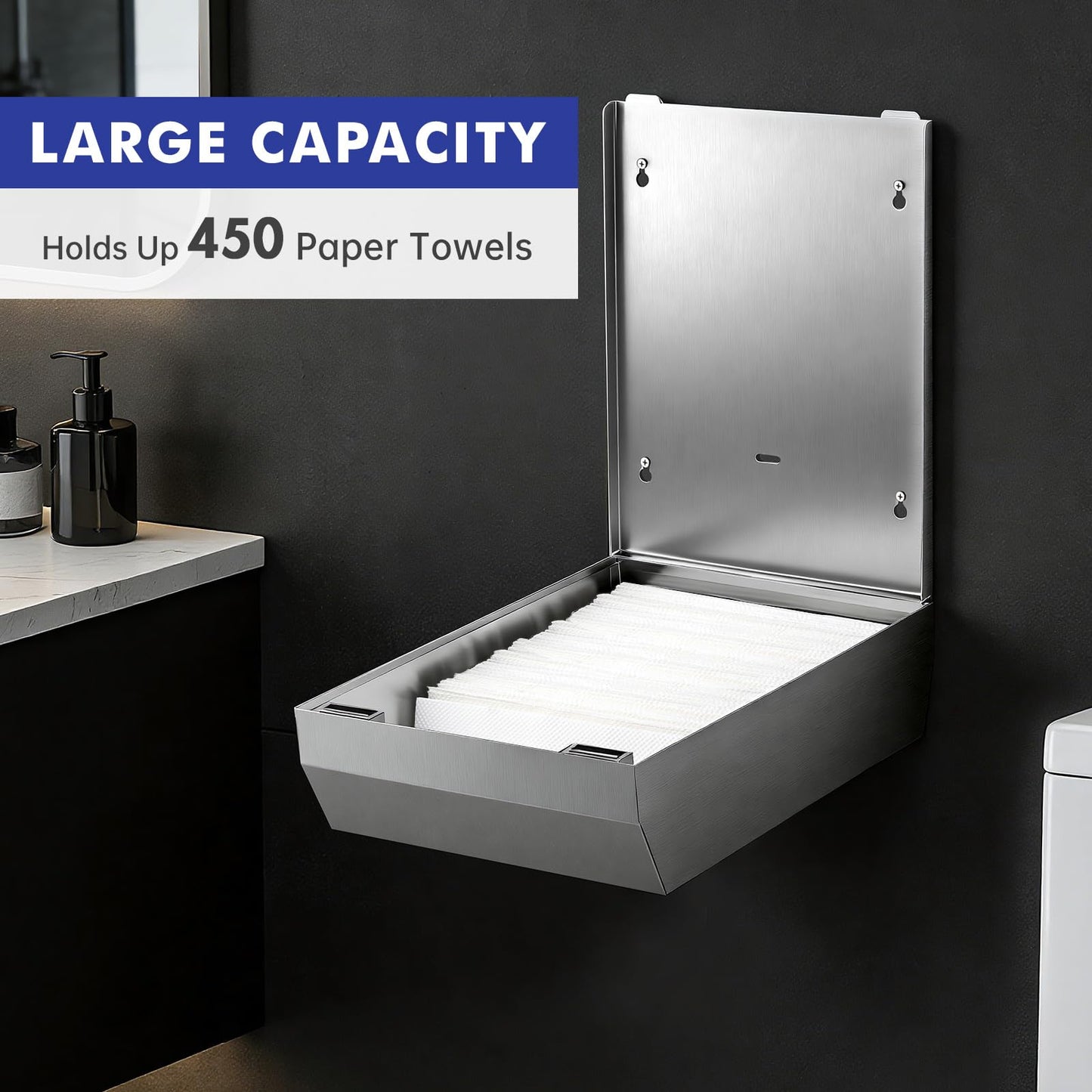 Paper Towel Dispenser Wall Mount, Keyless Magnetic Closure, Brushed Stainless Steel Bathroom Paper Towel Holder, Holds 500 Multifold or 400 C-Fold Towels, Ideal for Bathroom, Kitchen & Home