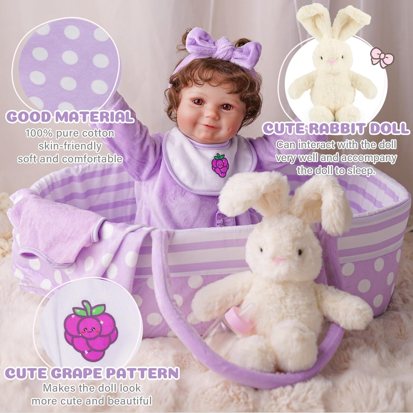 BABESIDE 8 Pcs Baby Doll Accessories, Reborn Baby Dolls Clothes with Bassinet for 17-22 Inch Baby Dolls, Outfit fit Newborn Babies Doll Girl, Babies Pretend Play Set