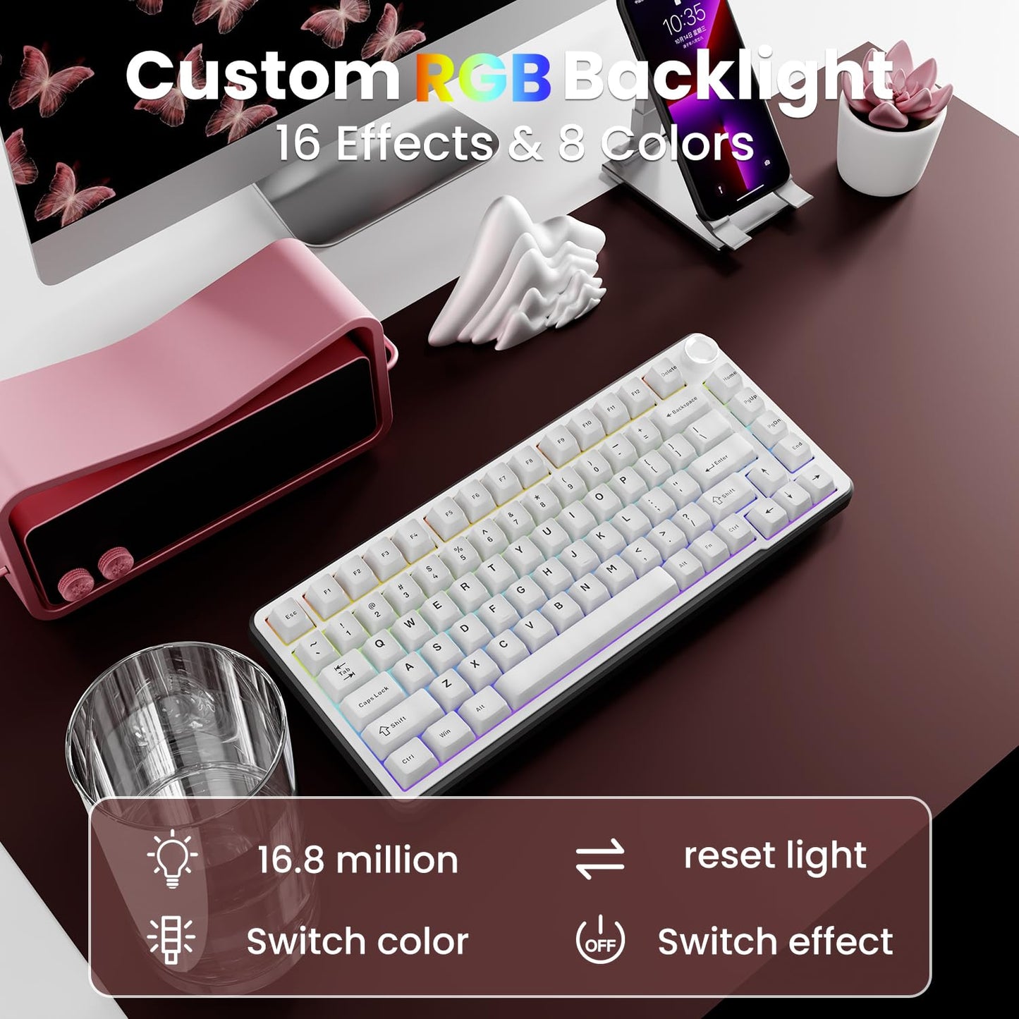 SEUNKWANG EWEADN GS75 Wireless Mechanical Keyboard ASMR, 75% Gaming Keyboard Gasket Hot Swappable Custom Keyboards with RGB, Knob, PBT Keycaps BT5.0/2.4G/USB-C Creamy Keyboards White