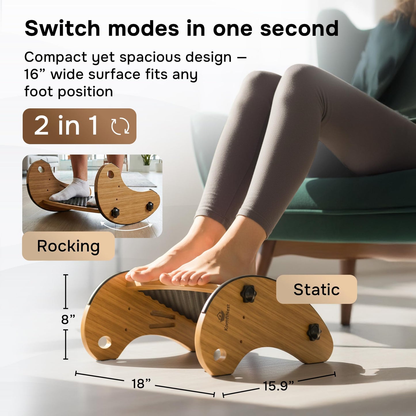 Bamboo Foot Rest for Under Desk at Work, Adjustable Foot Stool, 2-in-1 Reversible Rocking Footrest, Static Leg Rest, 16in Wide Surface, Non-Slip Breathable Pad, Home Office Ergonomic Support at Work