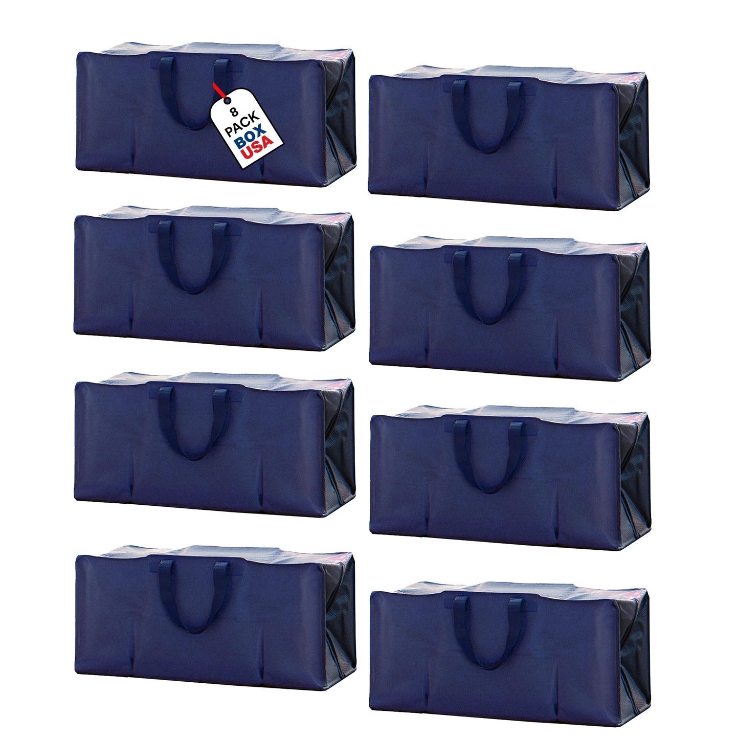 BOX USA 8-Pack Moving Bags with Strong Handles & Zippers - Heavy Duty Extra Large Packing Bags for Storage, Moving Boxes, Dorm & College Supplies, Blue