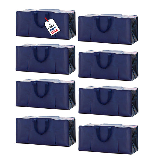 BOX USA 8-Pack Moving Bags with Strong Handles & Zippers - Heavy Duty Extra Large Packing Bags for Storage, Moving Boxes, Dorm & College Supplies, Blue