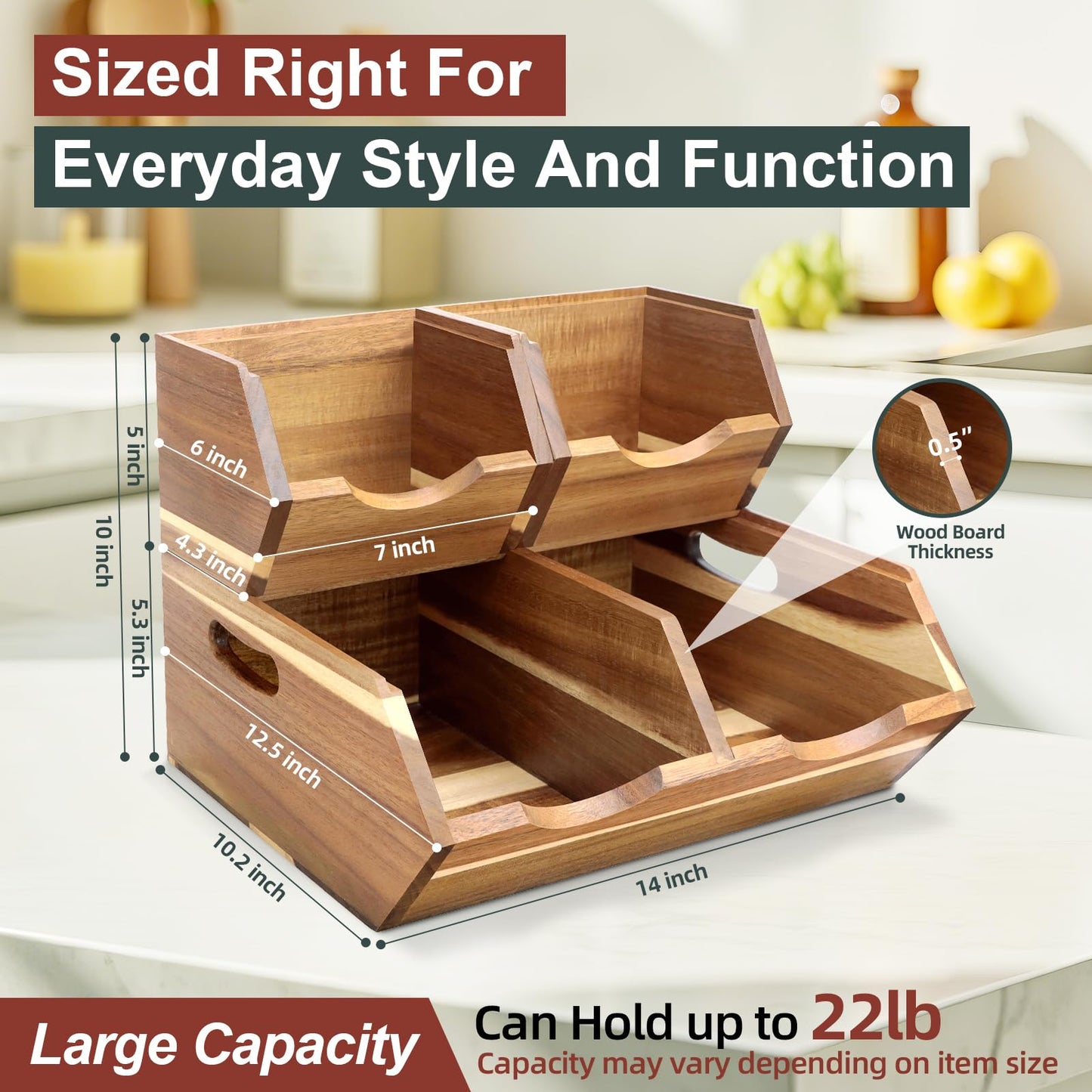 Happilif Acacia Wood Pantry Storage Bins, Stackable Potato and Onion Storage Bins for Kitchen Countertop, Set of 3 Wooden Pantry Organizer Baskets for Fruit, Vegetable, Snack