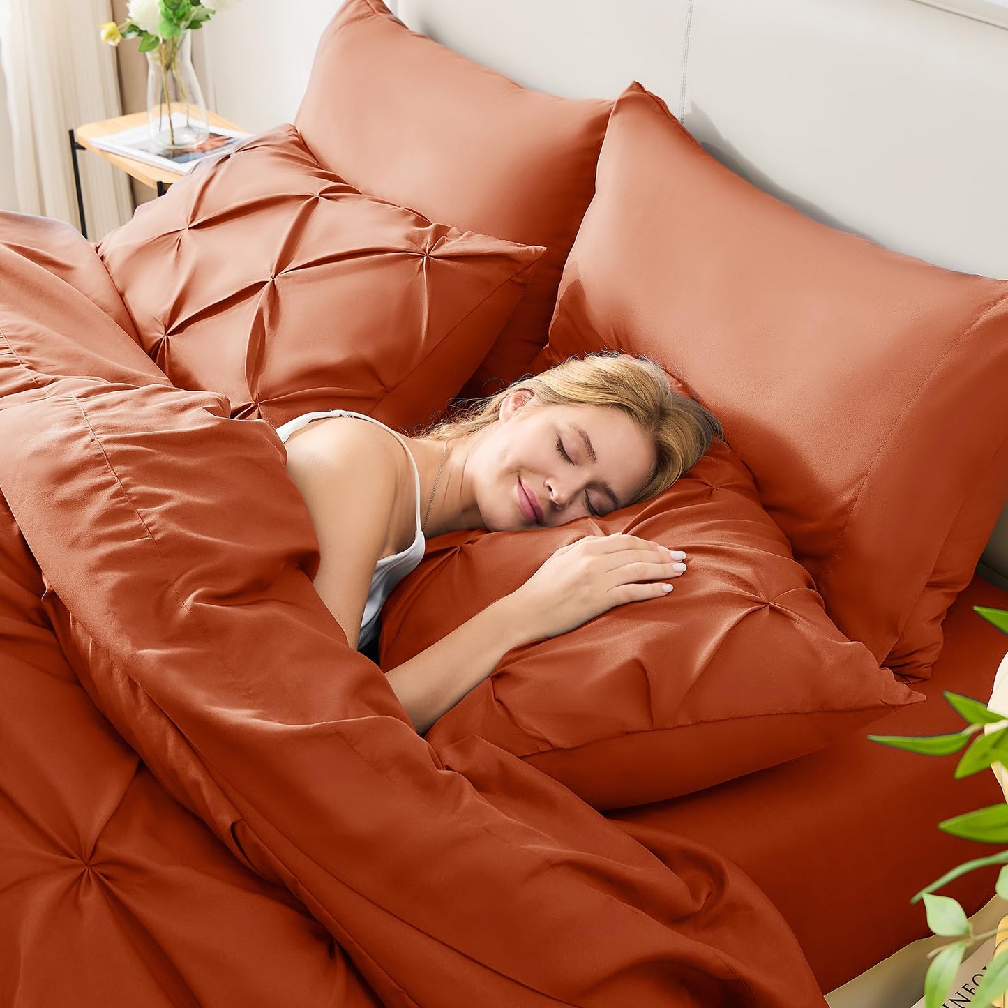 HIMEET Queen Comforter Set Burnt Orange - 7 Pieces Pintuck Bed in a Bag, Pinch Pleat Modern Room Decor, All-Season Soft Bedding Gift with Comforter, Sheets, Pillowcases & Shams