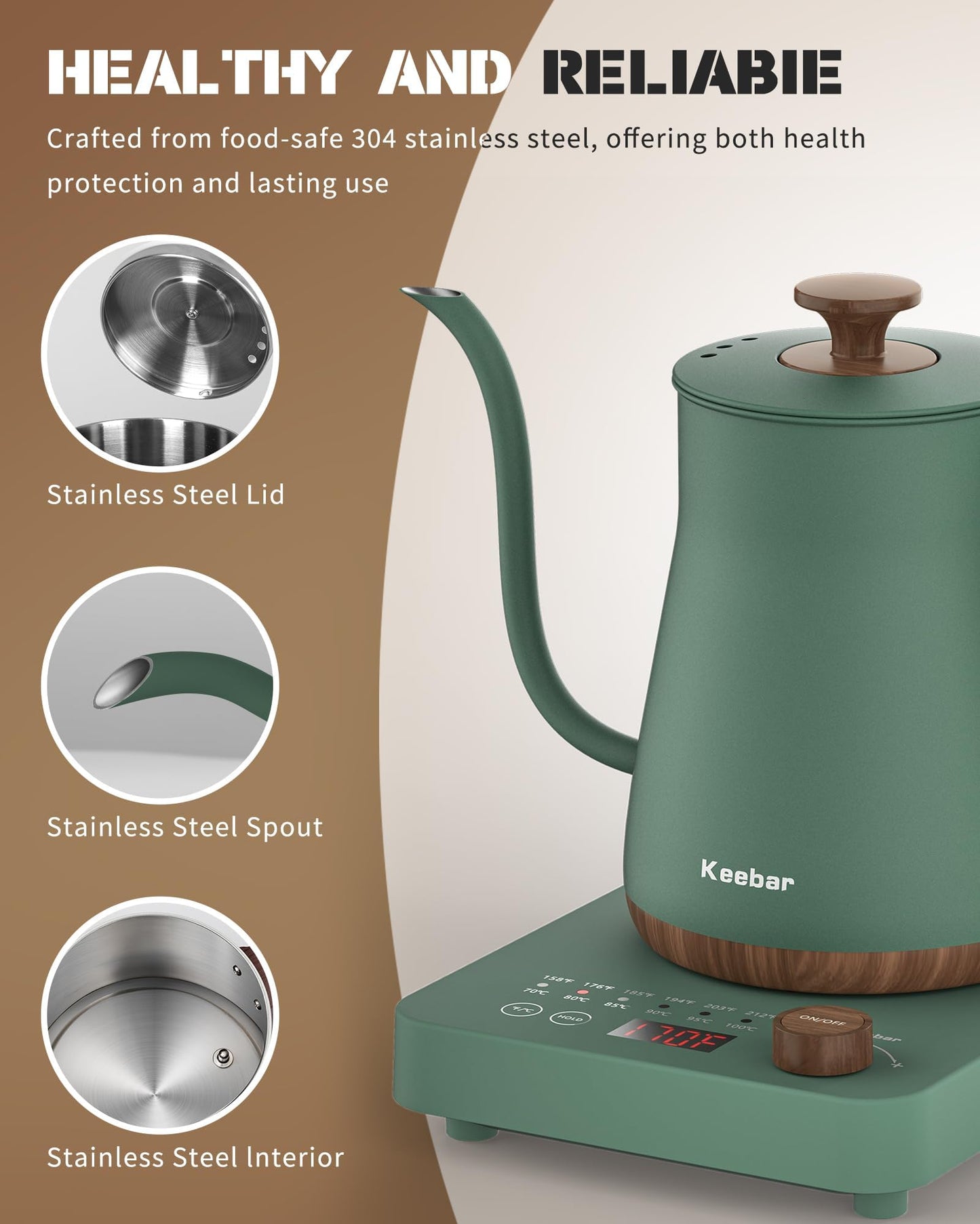 Electric Kettle, 1000W Quick Heating Gooseneck Kettles, 0.8L/27.05oz, 0.8mm Ultra-Fine Spout, Precise Water Flow Control, 304 Stainless Steel Inner, Auto Shut-Off, Boil Dry Protection, Matte Green