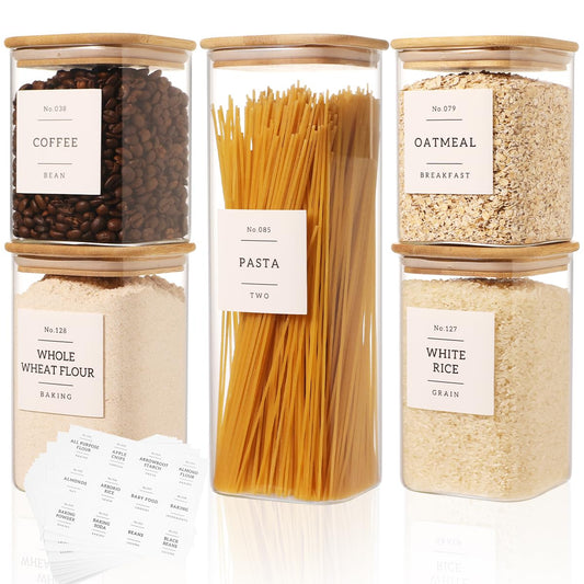 5 Pack Square Glass Pantry Storage Containers with 132 Kitchen Food Pantry Labels - Clear Glass Pantry Jars with Airtight Wood Bamboo Lids - Glass Canisters for Pasta, Cereal, Coffee, Flour, Sugar
