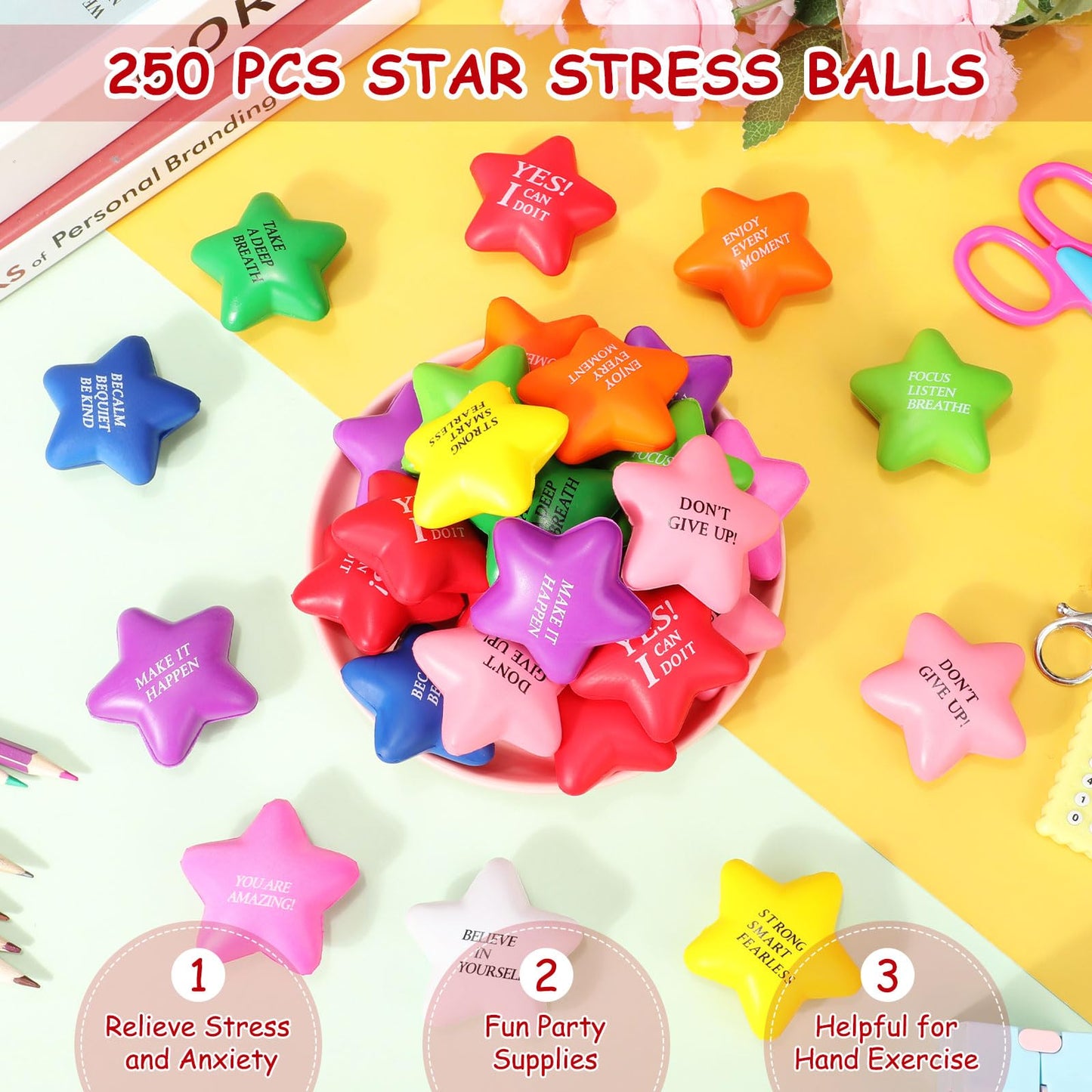 Jenaai 250 Pcs Motivational Stress Balls Bulk with Quote Inspirational Funny Colorful Foam Balls Hand Exercise Stress Relief Easter Gifts for Kids Adults Relieve Anxiety Party Supplies(Star)