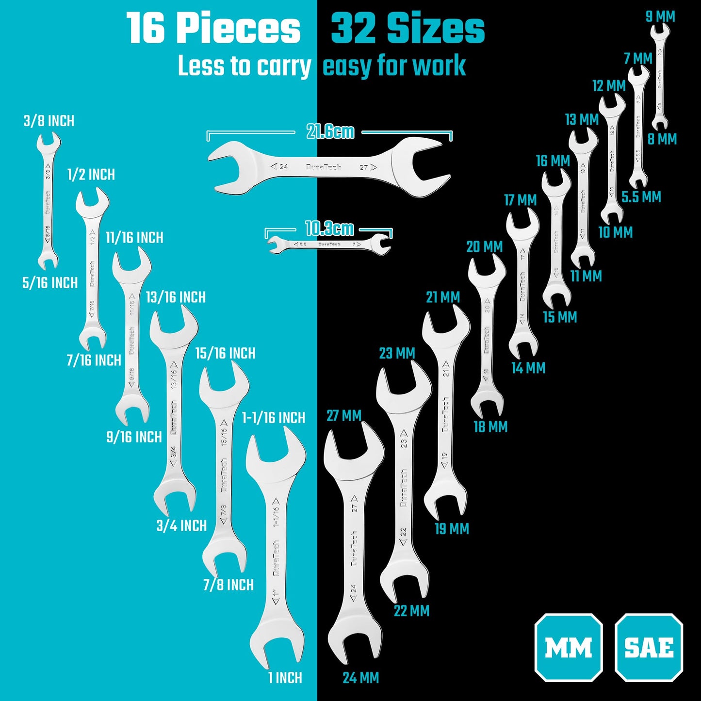 DURATECH Super-thin Open End Wrench Set, SAE and Metric (from 5/16" to 1-1/16", 5.5mm to 27mm), 16-Piece, Slim Spanner Wrench Set with Rolling Pouch