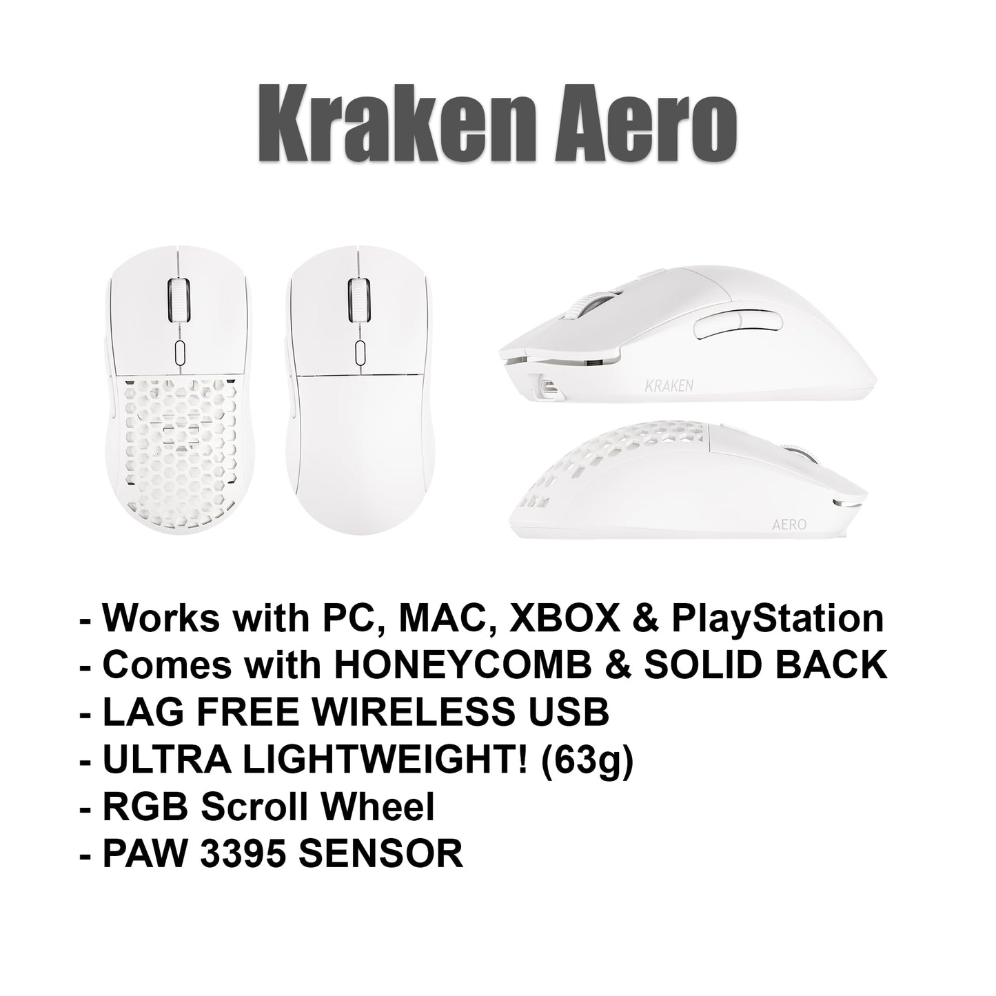 Kraken AERO - Superlight Wireless Gaming Mouse, Ultra-Lightweight, LAG-Free Wireless, Dual-Mode (2.4Ghz + Wired) Symmetrical, 26,000 DPI, PAW3395 Compatible with PC/MAC (White)