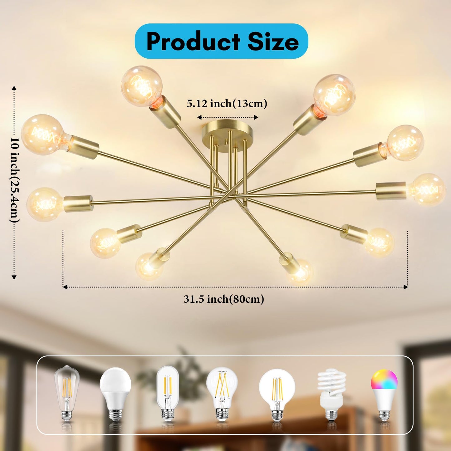 Semi Flush Mount Ceiling Light Fixture, 10-Light Modern Gold Sputnik Chandelier Industrial Ceiling Lamp for Kitchen Dining Room Living Room Bedroom Foyer