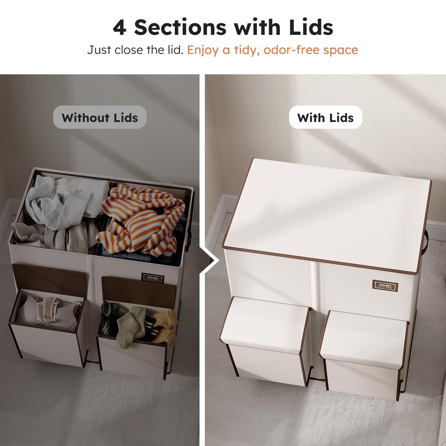 SOLEDI Double Laundry Hamper with Lid, 47.8 Gal (180L) Large Laundr Basket 2 Section with 2 Side Pockets, Dirty Clothes Hamper with Removable Bag, Easy to Carry for Laundry Room, Bedroom, Beige