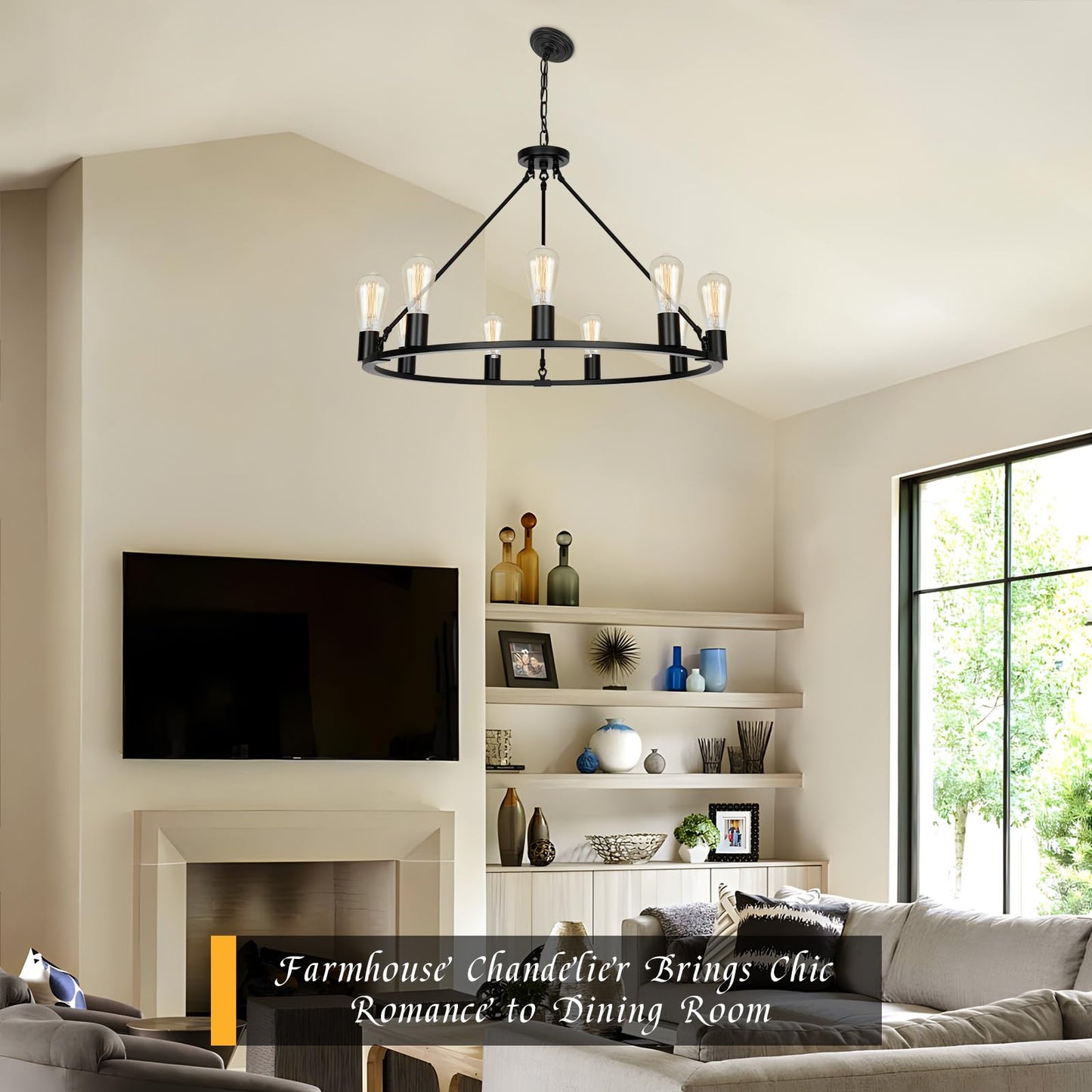 Senyshilon 9-Lights Farmhouse Chandelier | Dia 32'' Black Wagon Wheel Chandelier | Rustic Hanging Dining Room Light Fixture | Apply to Living Room | Kitchen Island | Entryway | Foyer