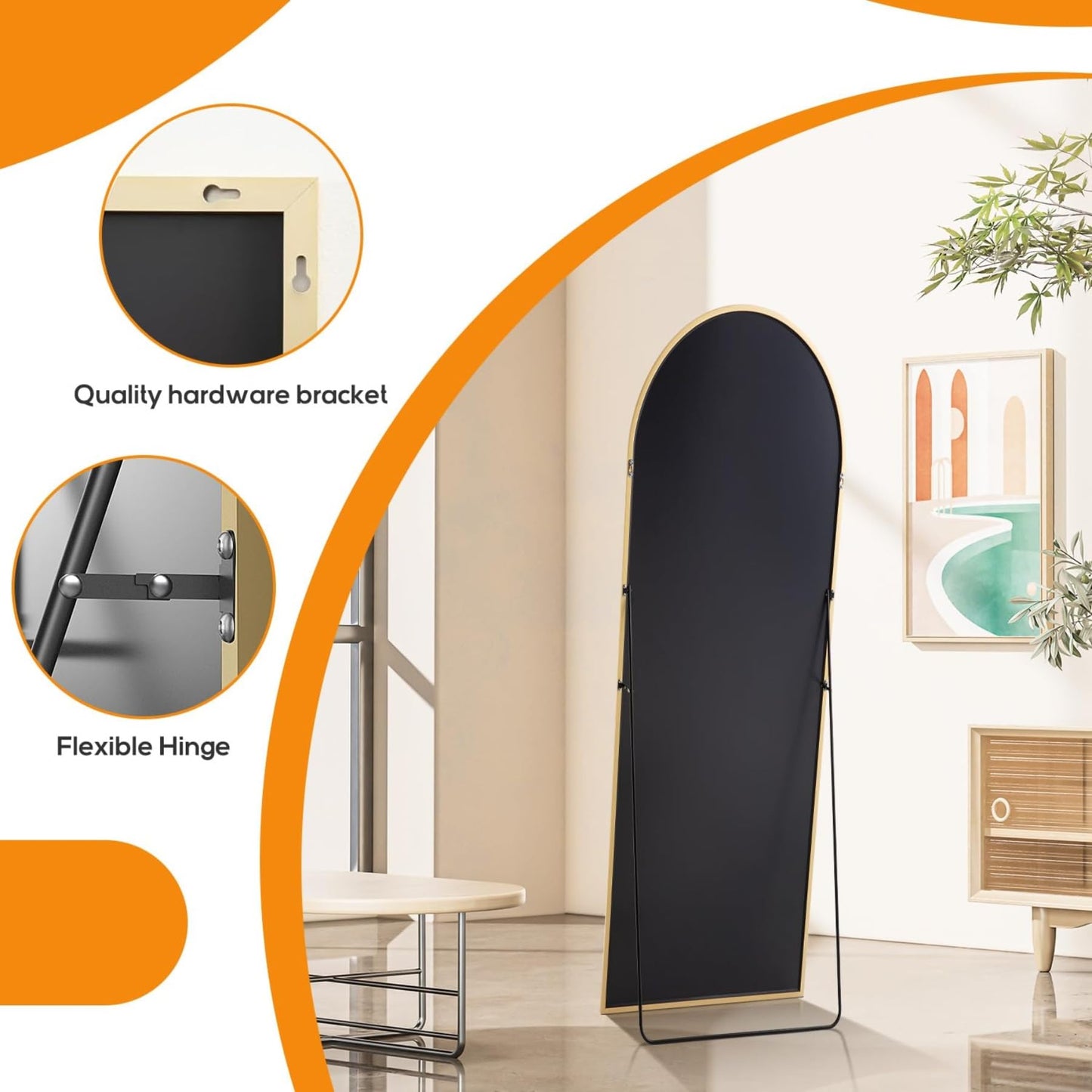 Aidoly Arched Mirror Full Length, Upgraded 16"x59" Body Wall Mirrors with Shatter-Proof Glass, Floor Standing, Hanging or Leaning, Tall Arch Mirror with Stand Aluminum Alloy Frame for Bedroom, Gold