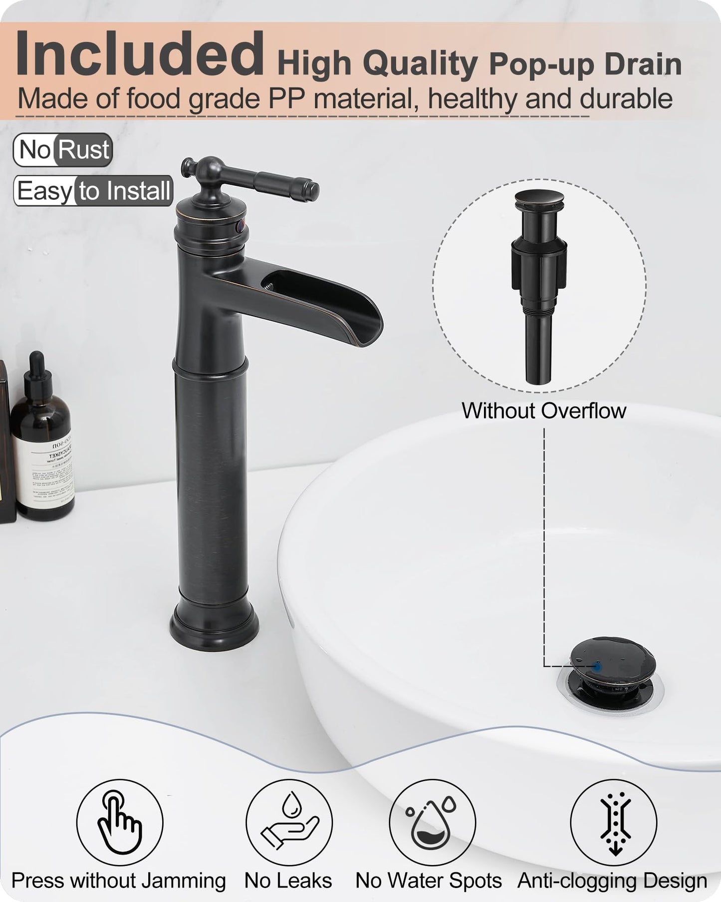 HOIGY Brass Vessel Sink Faucet Oil Rubbed Bronze, Waterfall Tall Bathroom Faucet 1 Hole with Single Handle, Pop-Up Drain & Water Hose for Farmhouse Vanity Restroom Vessel Bowl Sink, 5 Mins Install