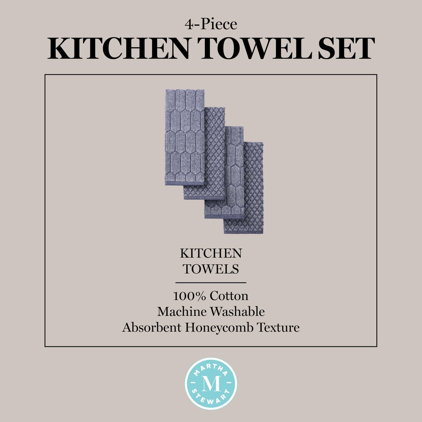 Martha Stewart Honeycomb Chambray Textured Kitchen Towel 4-Pack Set, 100% Cotton with Absorbent Terrycloth, Decorative Kitchen Towels, Navy Blue, 16"x28"