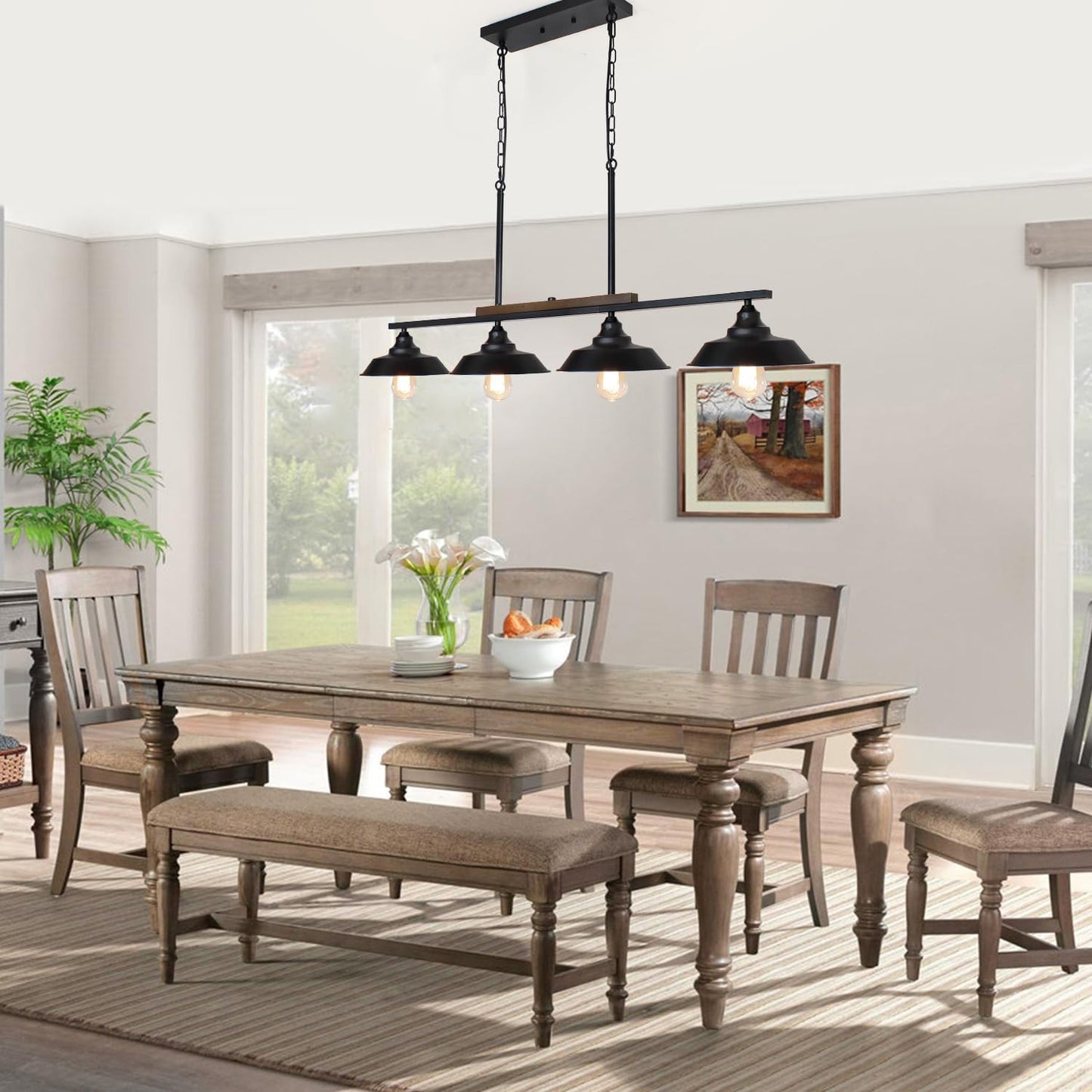 PUZHI HOME Kitchen Island Light, 4 Lights Black Pendant Dining Room Light Fixture Farmhouse Chandeliers for Dining Room Over Table Metal Hanging Lamp for Kitchen Island Hallway Pool Table
