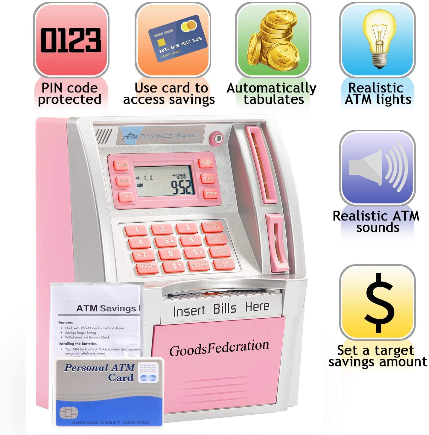 2024 Upgraded ATM Piggy Bank for Real Money for Kids Adults,Toy Money Bank with Card,Password,Coin Recognition,Bill Feeder,Balance Calculator,Electronic Money Safe Coin Box,Hot Gift for Boys Girls