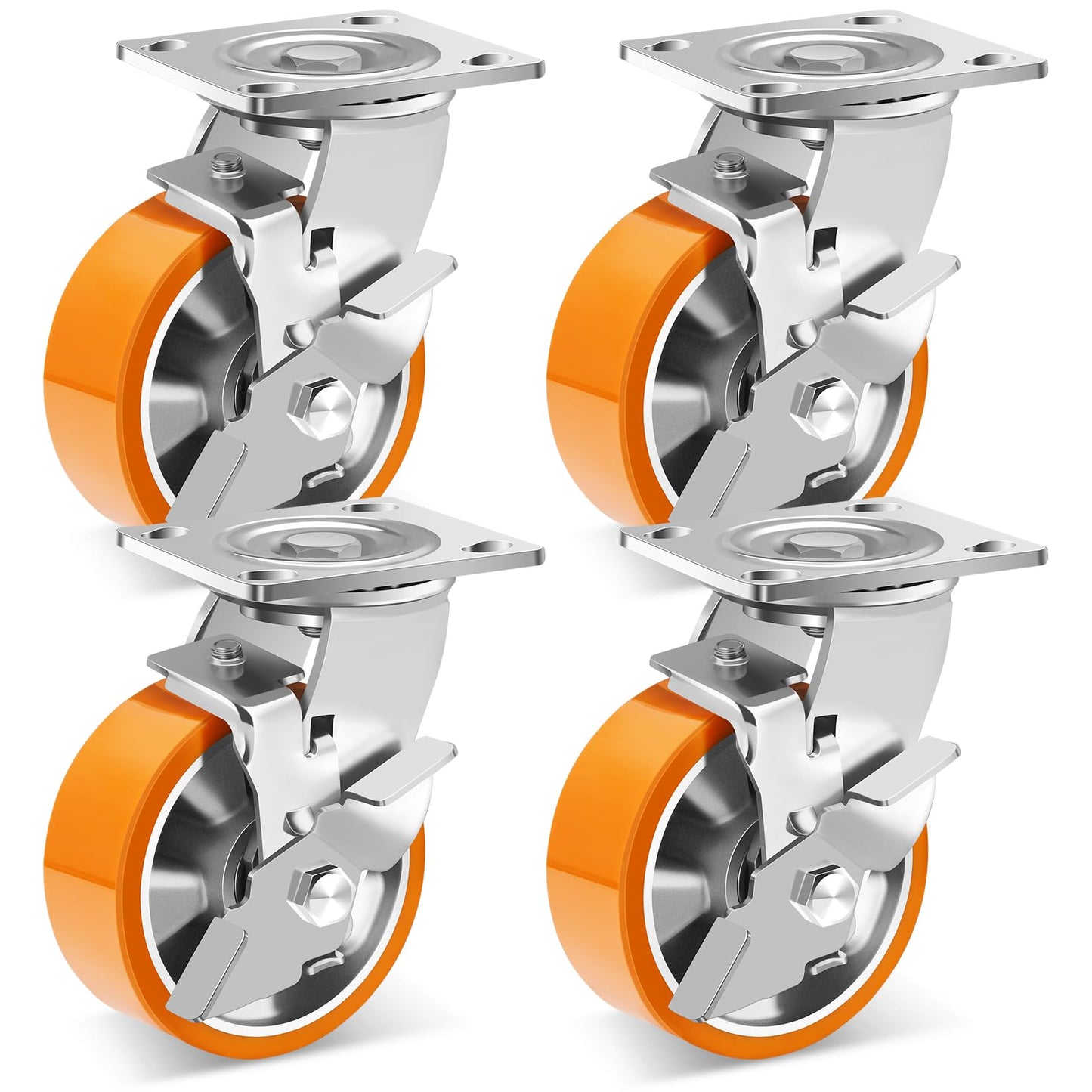 W B D WEIBIDA 5 Inch Heavy Duty Casters Set of 4, Industrial Grade Casters Wheels with Brake 4000 LBS, Maintenance-Free Polyurethane on Aluminum Wheels, Plate Swivel Casters Wheels for Cart, Machine
