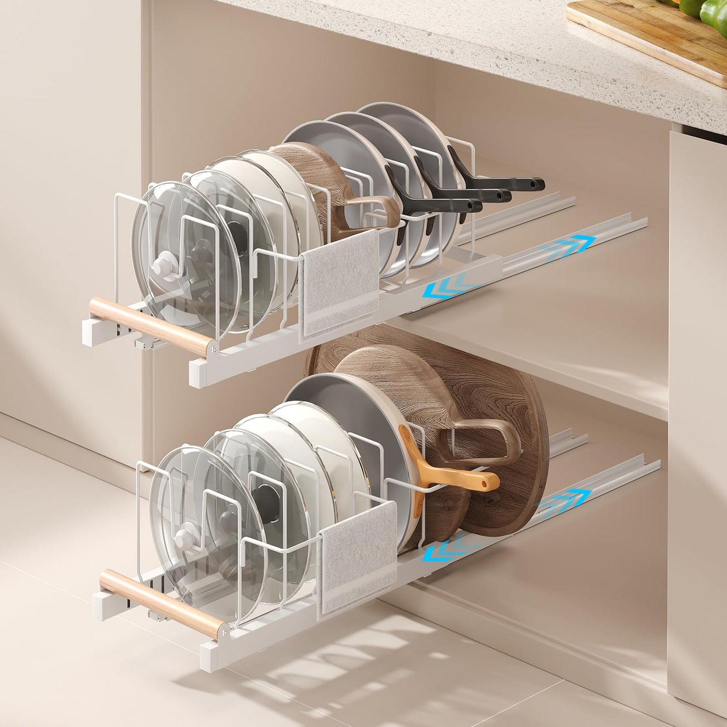 Magheo 2 Pack Pull Out Pots and Pans Organizer Under Cabinet, 22" Deep Expandable Pot Lid Organizer and Storage with 10 Adjustable Dividers Adhesive Pot and Pan Holder Rack with Handle Bracket(White)