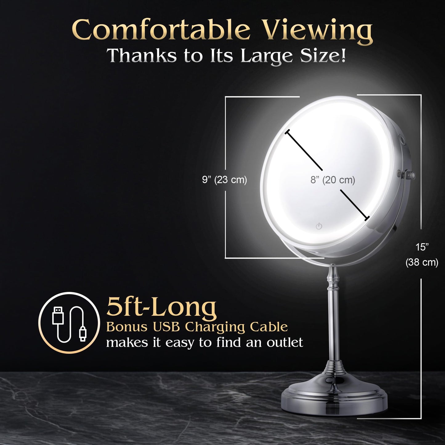 MIRRORVANA Ultra Zoom 20X Magnifying Lighted Table Mirror for Makeup - 20X & 1X Dual Sided LED Make-up Mirror with 3 Light Modes, Rechargeable Battery with USB Cable - 8" Wide & 15" Tall (Chrome)
