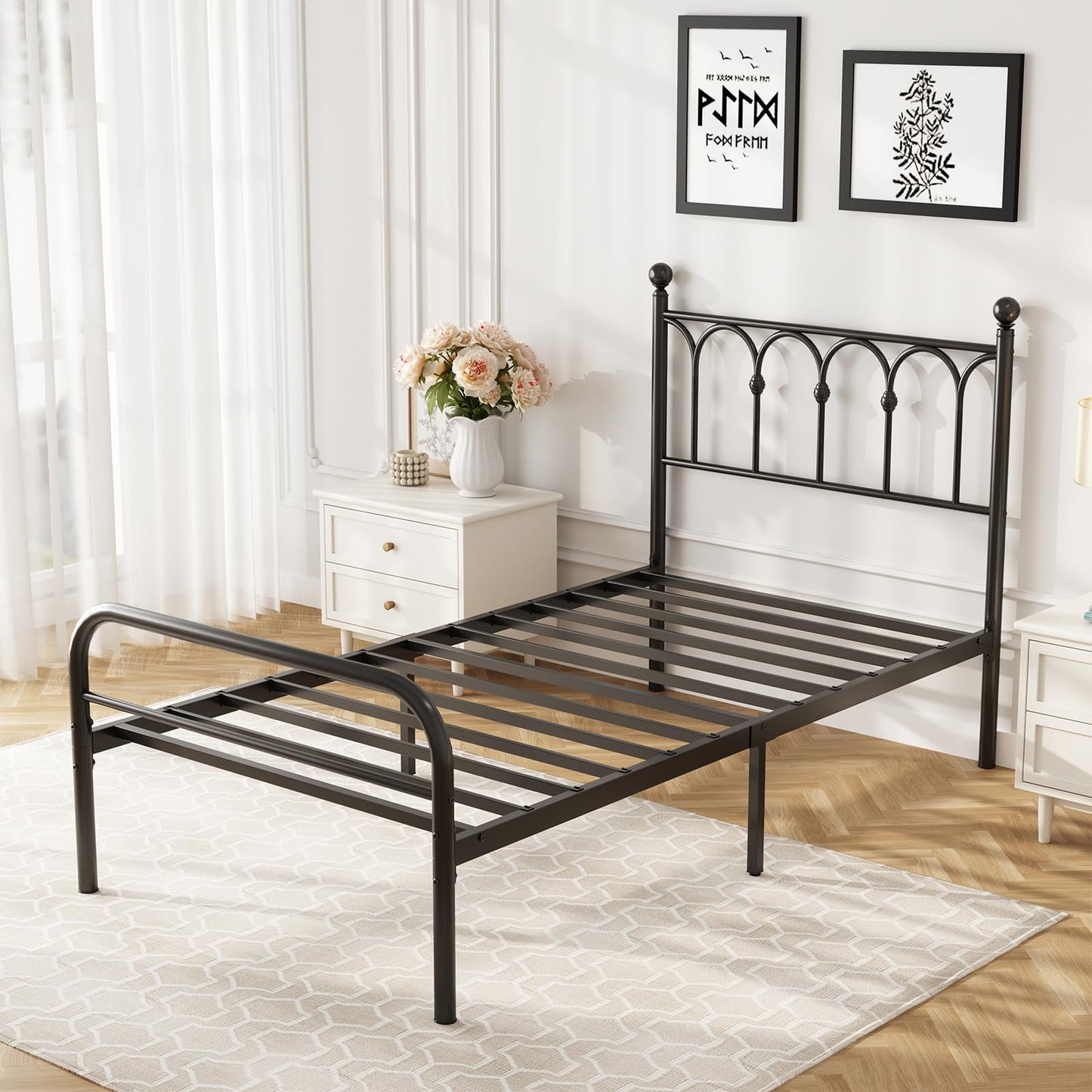 DUMOS Twin Bed Frame Metal Platform with 11.9" Under-Bed Storage, Heavy Duty Steel Slat Support and Iron-Art Headboard, No Box Spring Needed, Easy Assembly, Black