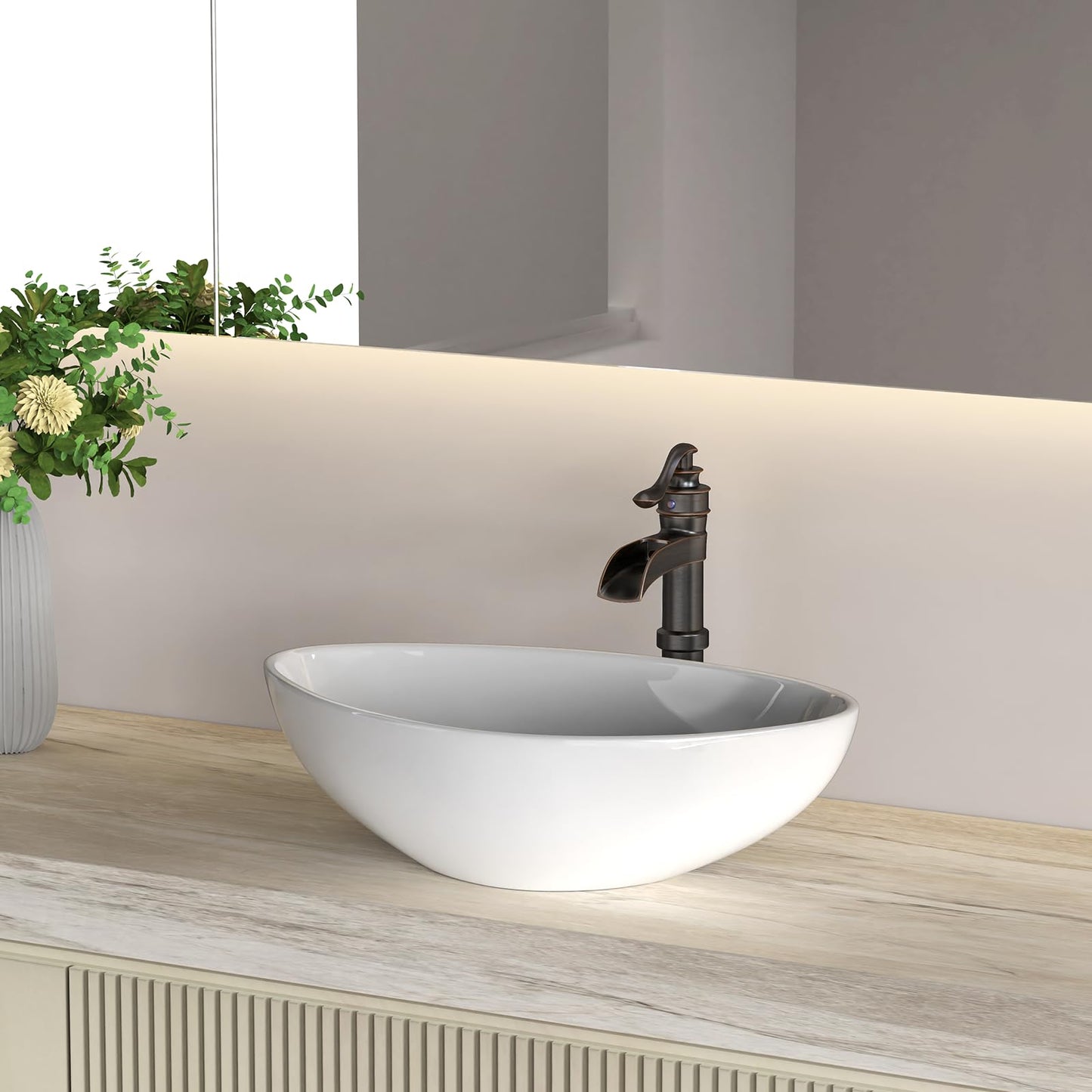 BATHLAVISH Vessel Sink Faucet, Oil Rubbed Bronze Black Bathroom Faucet, Farmhouse Waterfall Sink Faucet Single Hole with Pop Up Drain Assembly Without Overflow One Hole Mixer Tap Deck Mount