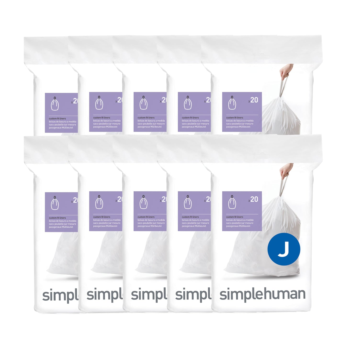 simplehuman Code J 200 Count Custom Fit Liners, Drawstring Kitchen Trash Bags, One-by-One Mess-Free Dispense, Extra Thick & Double Seamed, 50% PCR Plastic, 38-45 Liter / 10-12 Gallon, White