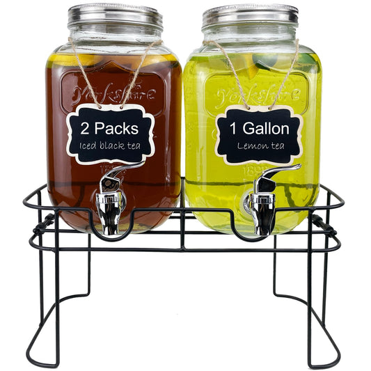 1 Gallon Glass Drink Dispenser for Parties, 2 Packs Juice Lemonade Ice Tea Water Dispenser with Stand, HENABLE Beverage Dispensers with Spigot for BBQ, Picnic, Party
