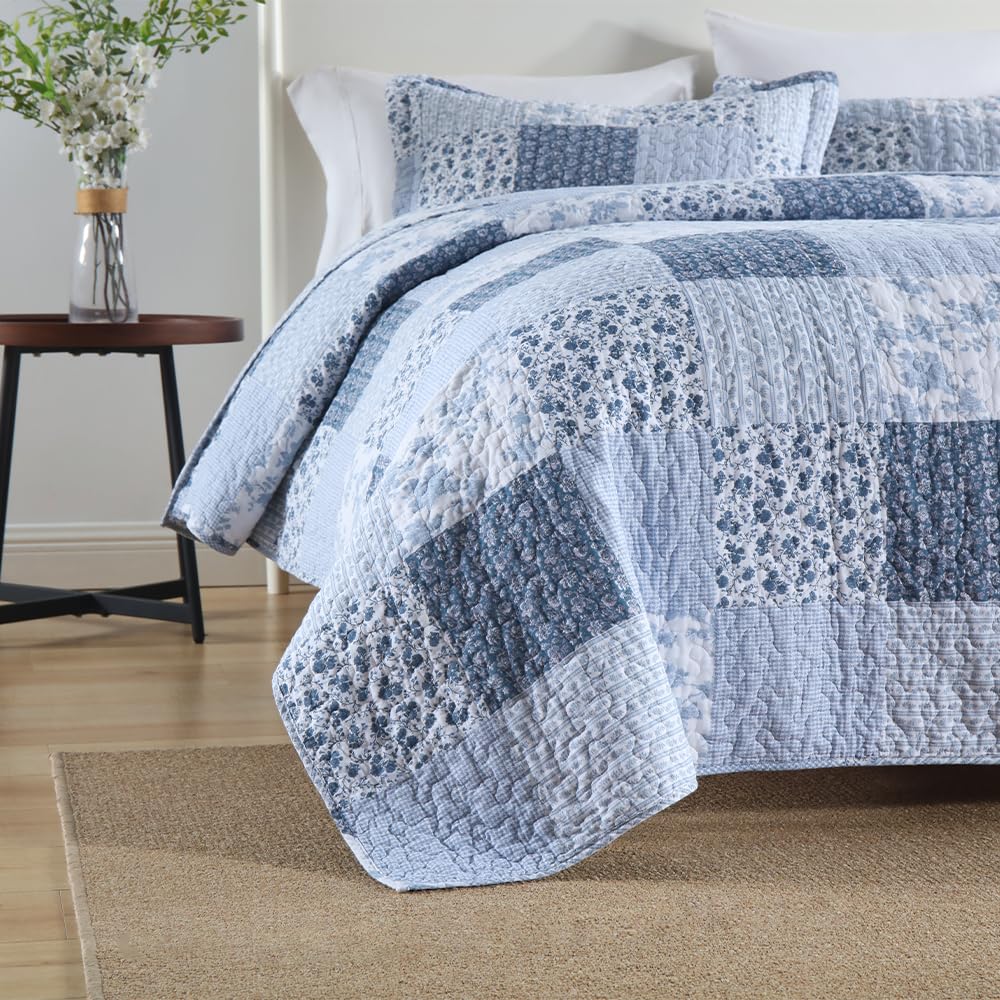 ENASAL Cotton Bedspread Quilt Bedding Sets Reversible Coverlet Sets Comforters Rustic Floral White Blue Patchwork Pattern Bedspread for All Season, King Size